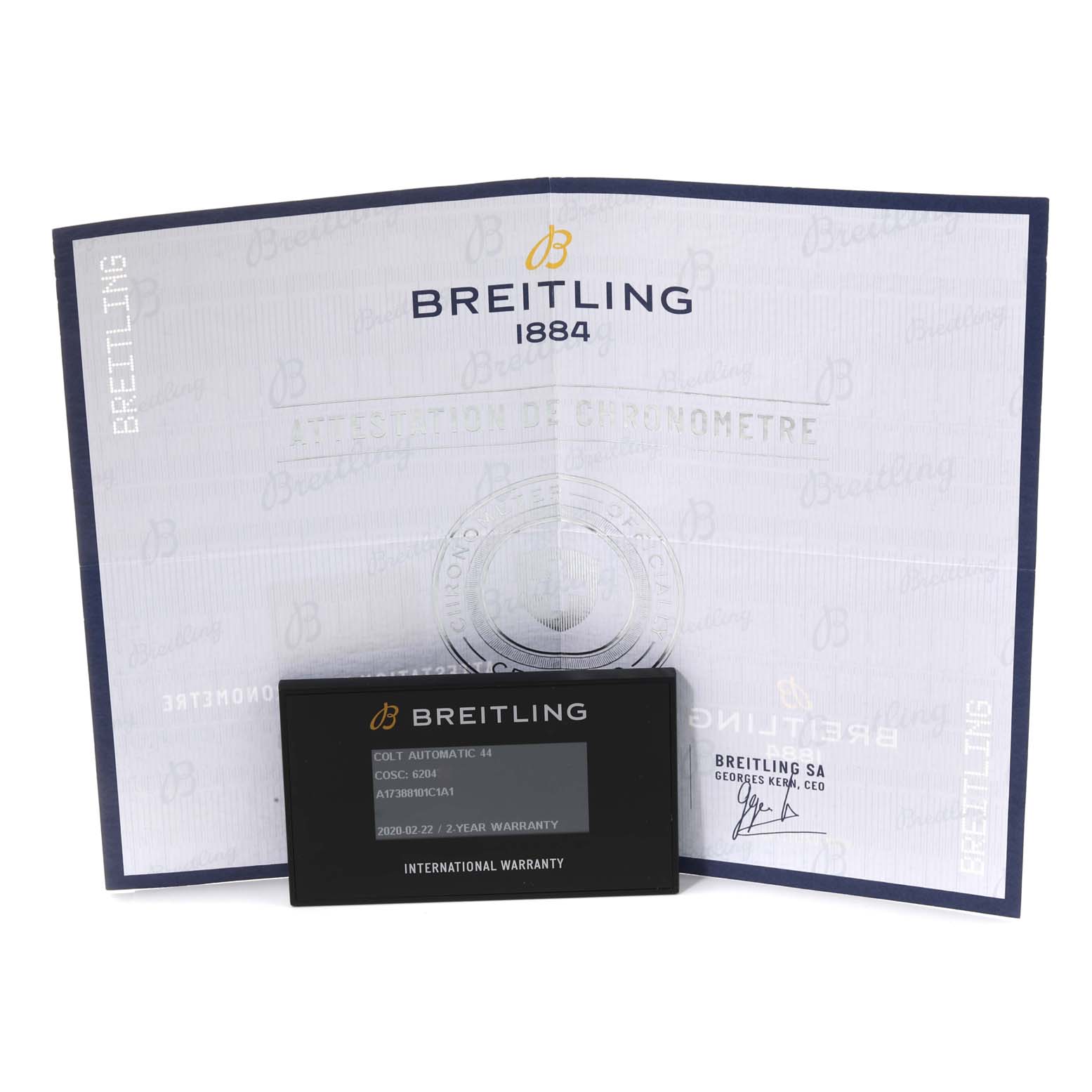 The image shows the international warranty card and certificate for a Breitling Colt A17388 Men's Stainless Steel Blue Dial A17388 Men's Stainless Steel Blue Dial Automatic 44 watch.