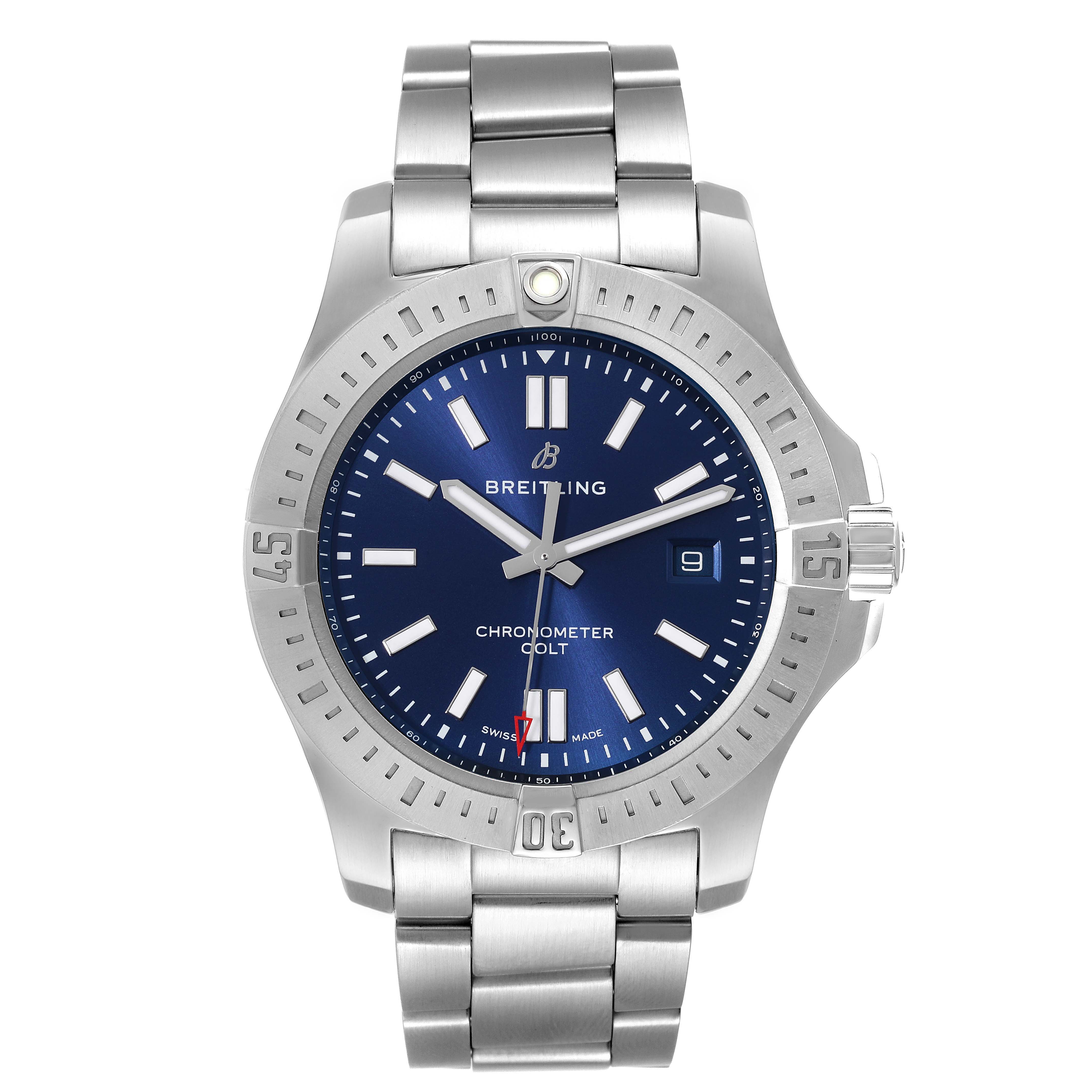 The Breitling Colt A17388 Men's Stainless Steel Blue Dial A17388 Men's Stainless Steel Blue Dial model watch is shown from a front angle, displaying its blue dial, stainless steel bracelet, and bezel.