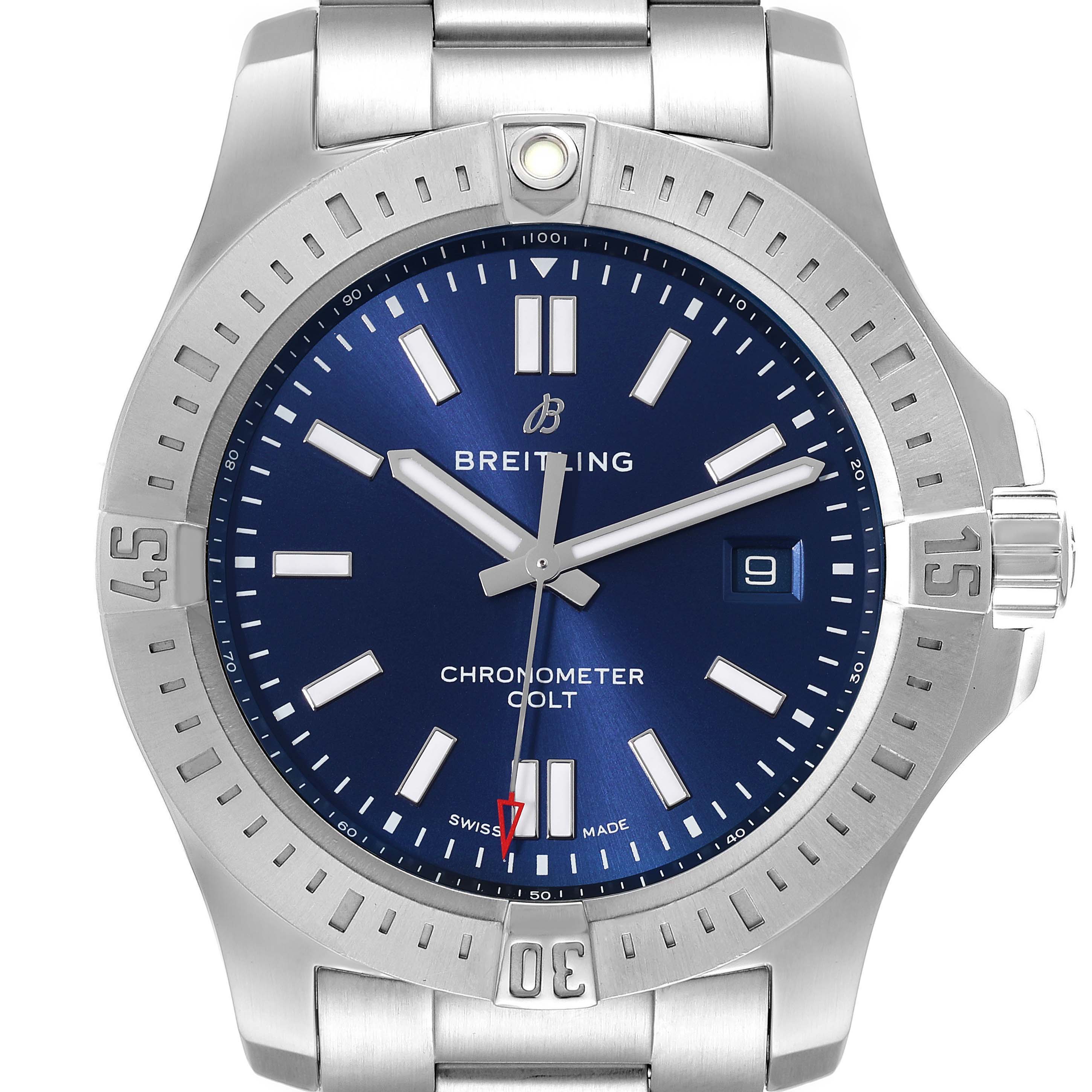This image shows a front view of the Breitling Colt A17388 Men's Stainless Steel Blue Dial A17388 Men's Stainless Steel Blue Dial watch, highlighting the blue dial, bezel, and stainless steel bracelet.