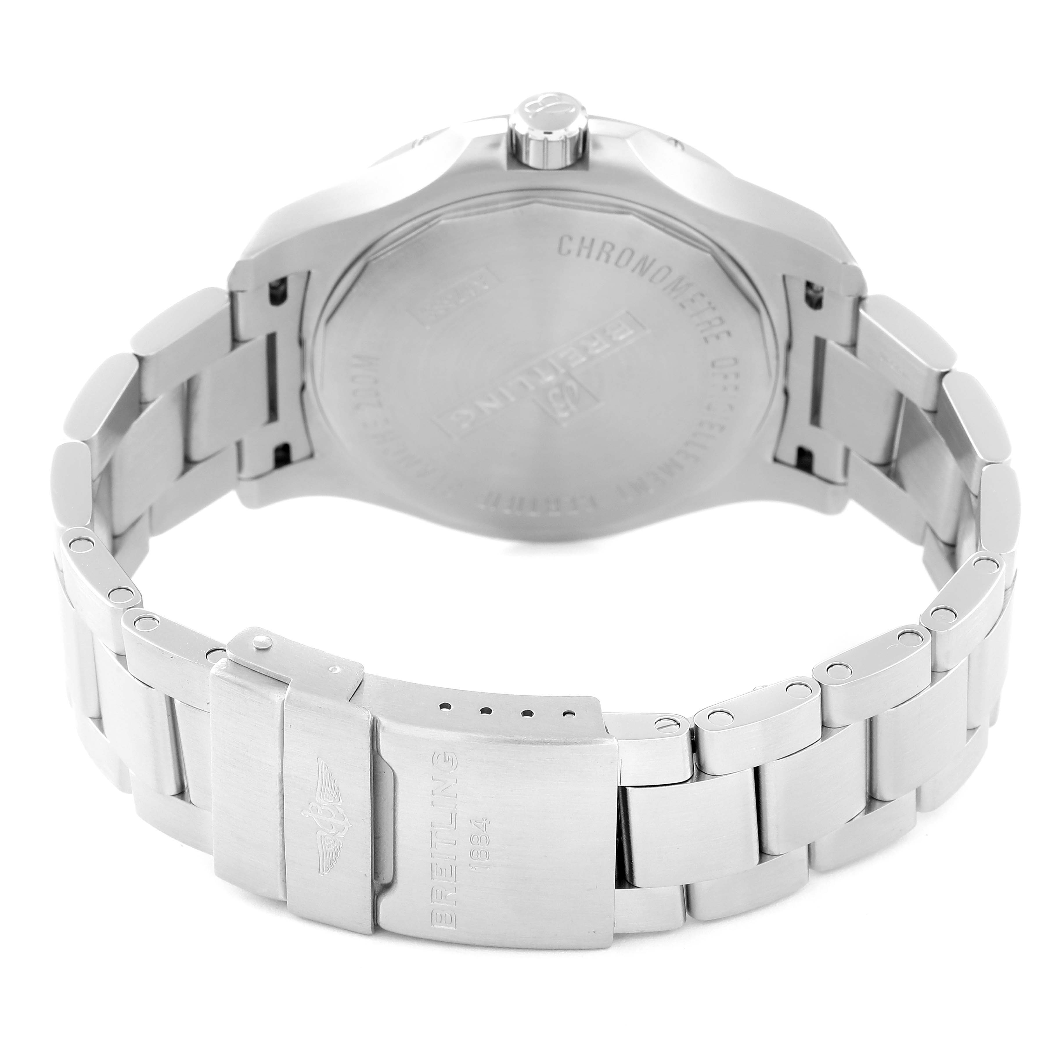 This image shows the back view of the Breitling Colt A17388 Men's Stainless Steel Blue Dial A17388 Men's Stainless Steel Blue Dial watch, highlighting its case back, crown, and metal bracelet with a clasp.