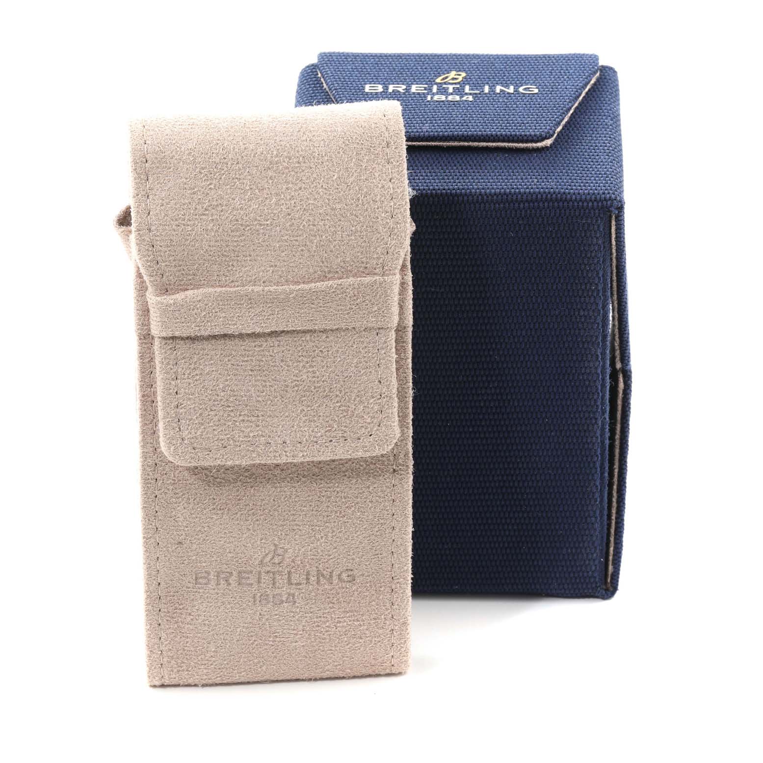 The image shows the storage cases for a Breitling Navitimer AB0138241C1A1 Men
s Stainless Steel Blue Dial AB0138241C1A1 Men
s Stainless Steel Blue Dial watch, including a beige pouch and a blue box, viewed from the front.