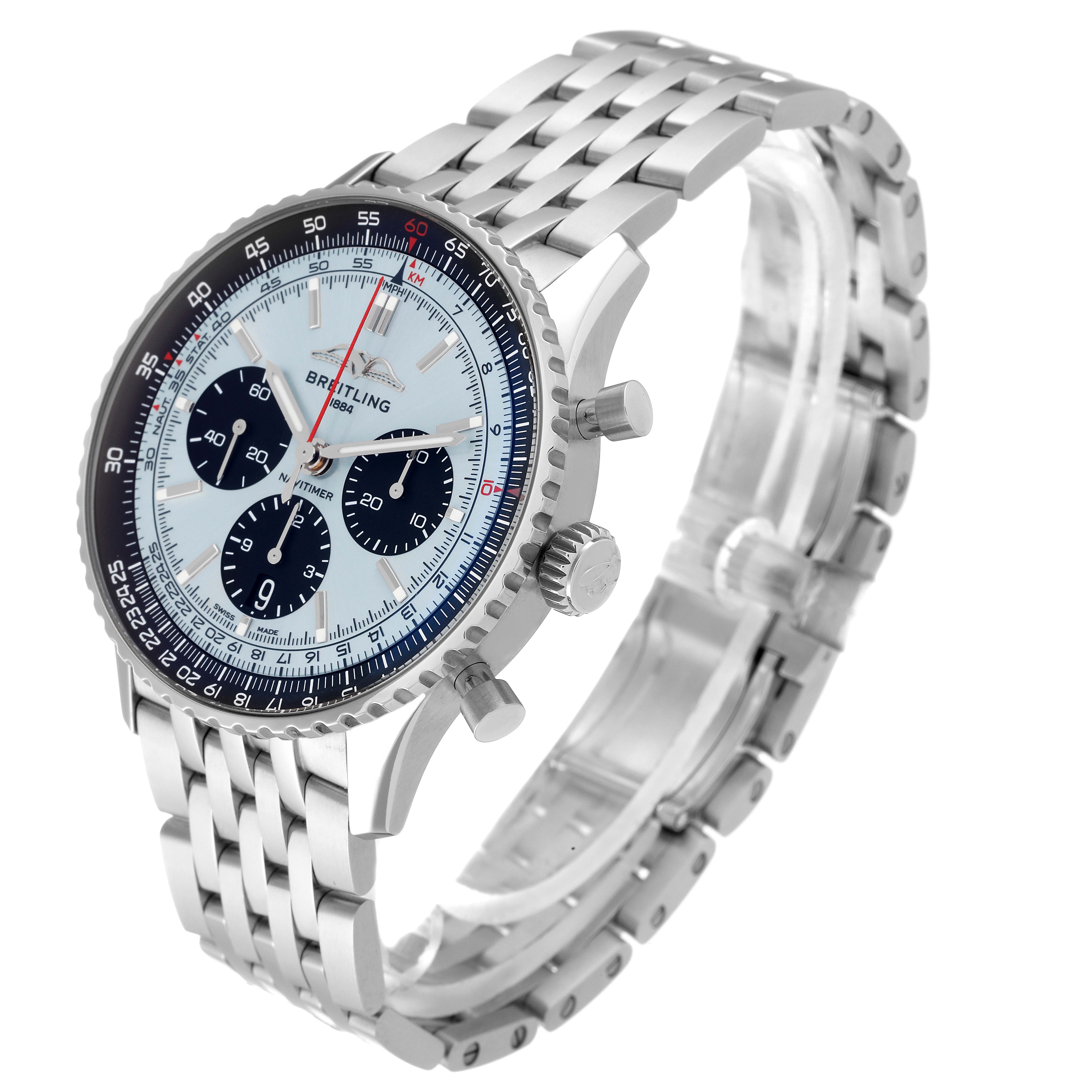 The Breitling Navitimer AB0138241C1A1 Men
s Stainless Steel Blue Dial AB0138241C1A1 Men
s Stainless Steel Blue Dial watch is shown at a three-quarter angle, highlighting its face, bezel, and metal bracelet.