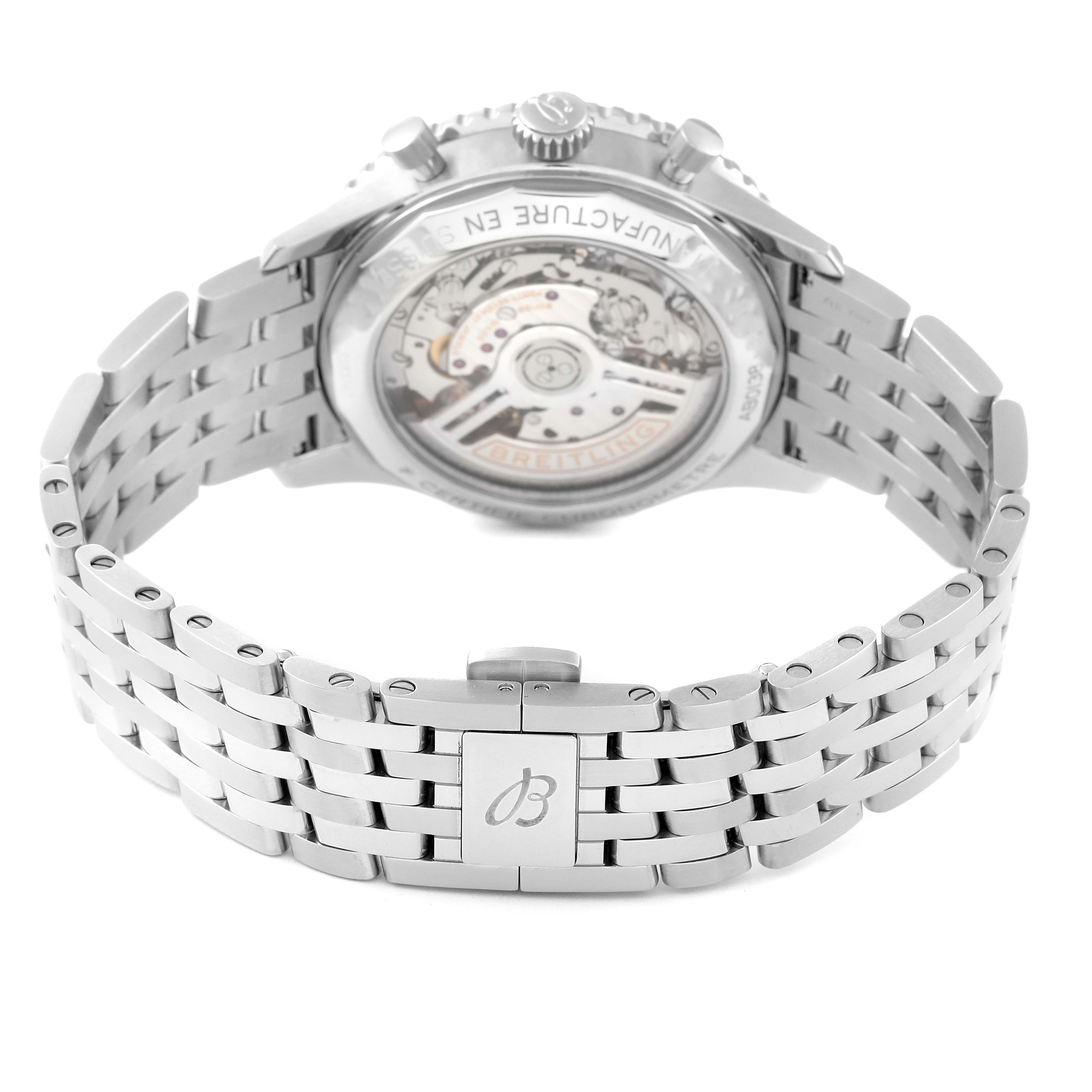 The image shows the back view of a Breitling Navitimer AB0138241C1A1 Men
s Stainless Steel Blue Dial AB0138241C1A1 Men
s Stainless Steel Blue Dial watch, highlighting its case back and bracelet.