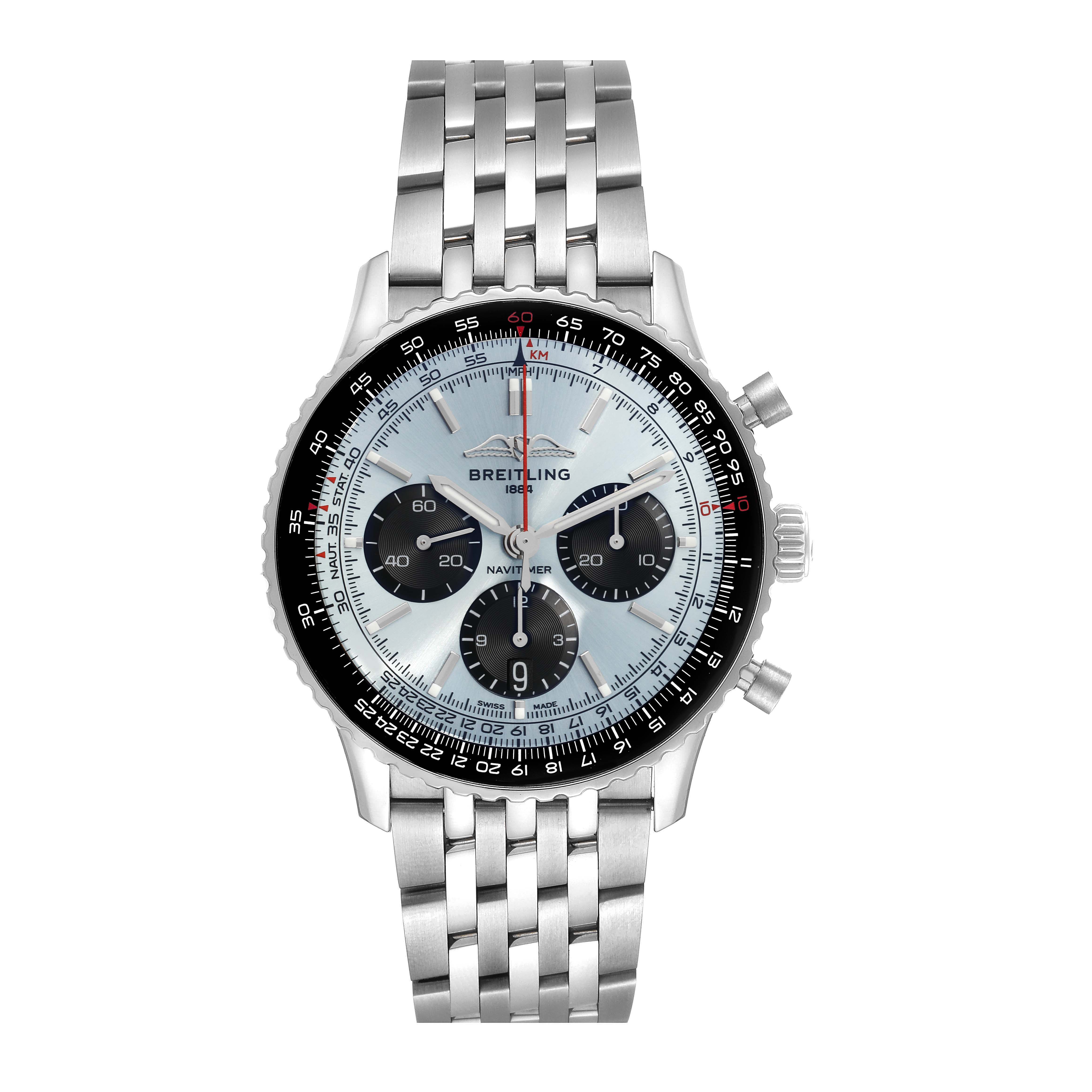 The Breitling Navitimer AB0138241C1A1 Men
s Stainless Steel Blue Dial AB0138241C1A1 Men
s Stainless Steel Blue Dial watch is shown from a front angle, displaying its face, bezel, and full stainless steel bracelet.