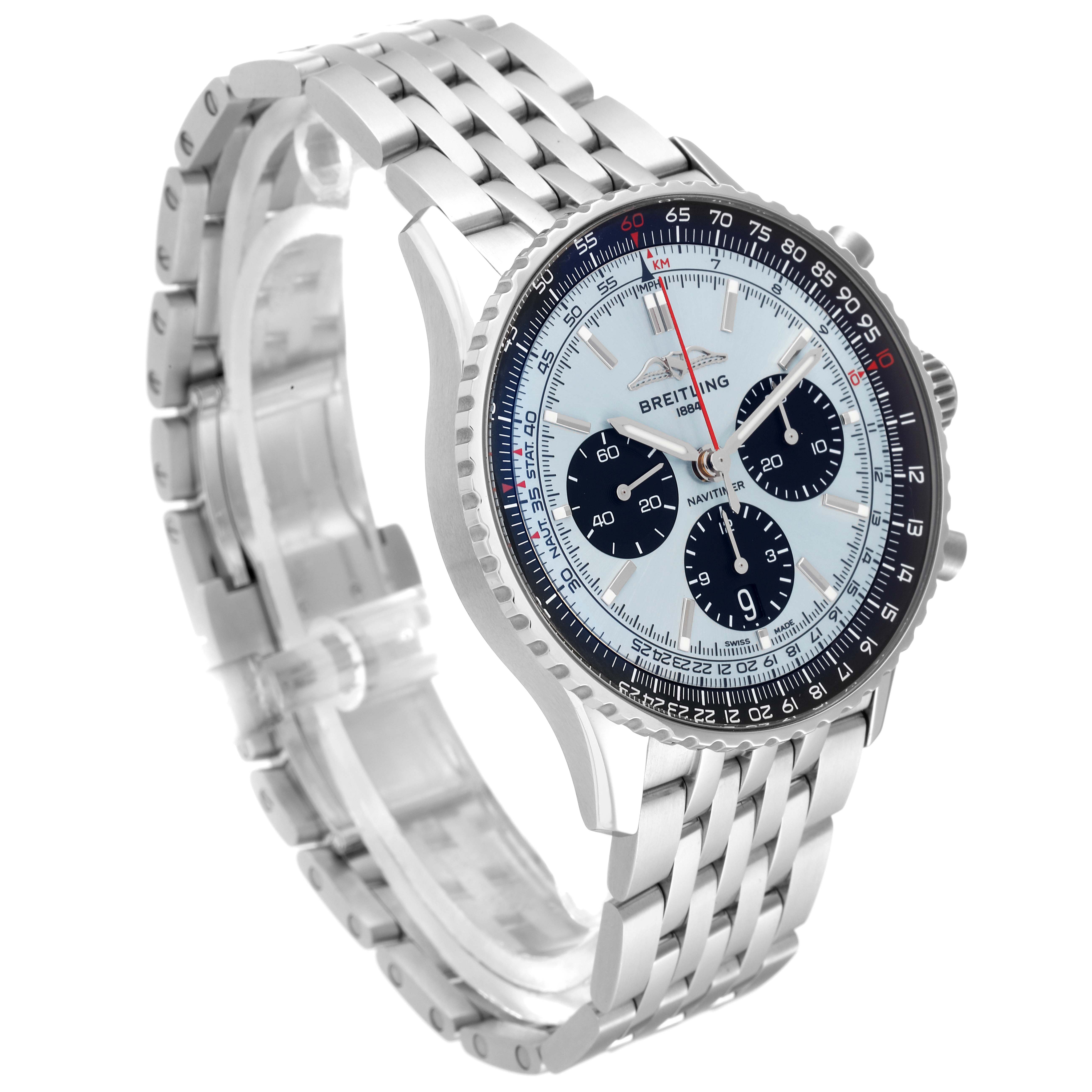The image shows a Breitling Navitimer AB0138241C1A1 Men
s Stainless Steel Blue Dial AB0138241C1A1 Men
s Stainless Steel Blue Dial watch at a three-quarter angle, highlighting the face, bezel, and bracelet.