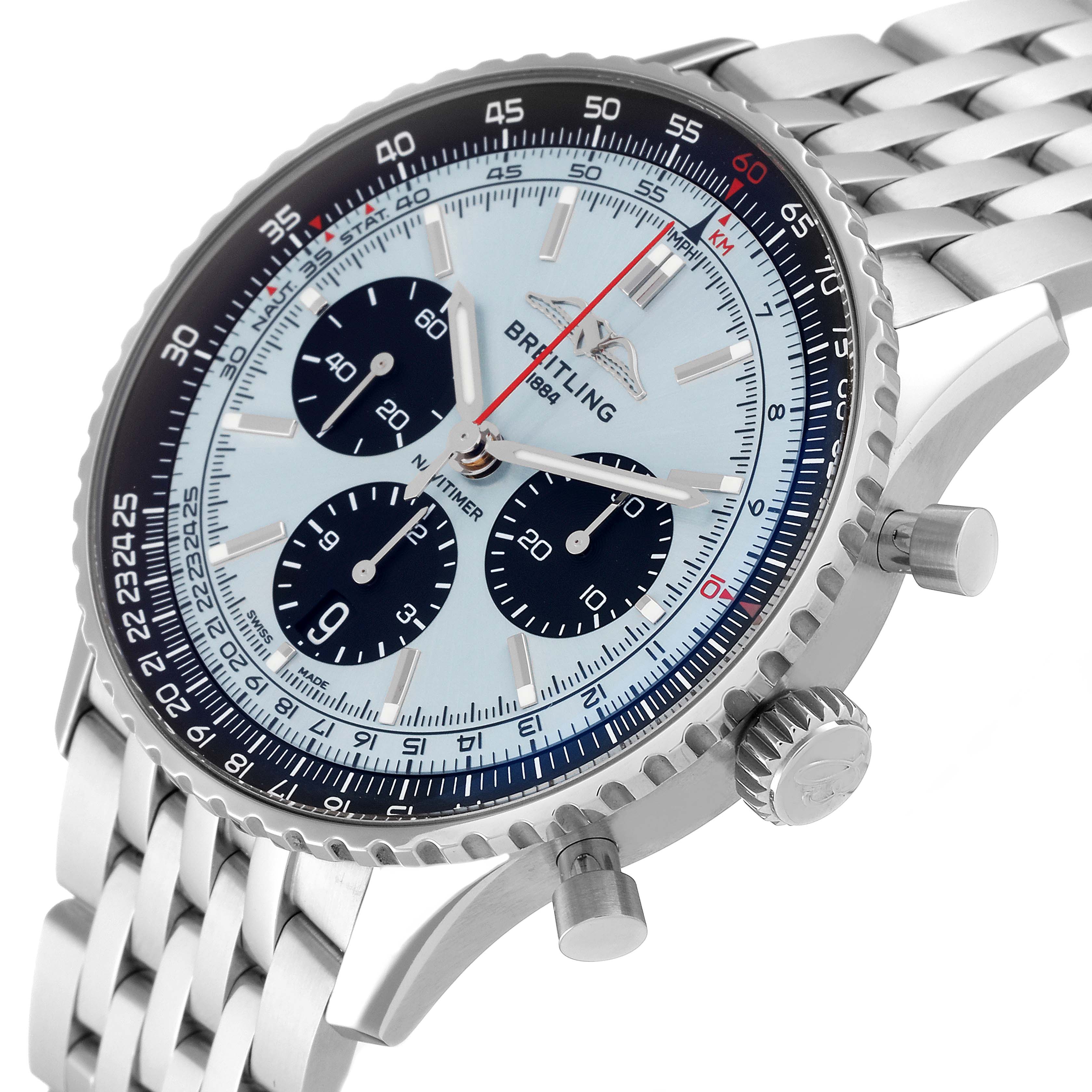 The image shows a close-up side angle of the Breitling Navitimer AB0138241C1A1 Men
s Stainless Steel Blue Dial AB0138241C1A1 Men
s Stainless Steel Blue Dial watch, highlighting its dial, bezel, crown, and chronograph pushers.