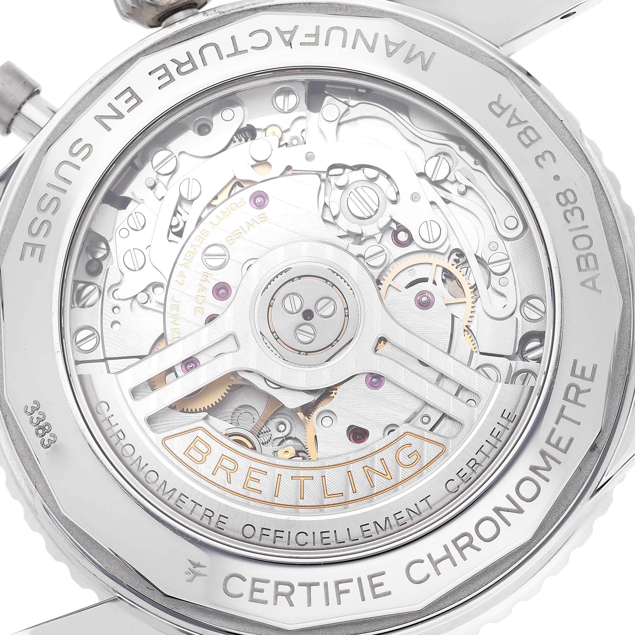 The image shows the back view of the Breitling Navitimer AB0138241C1A1 Men
s Stainless Steel Blue Dial AB0138241C1A1 Men
s Stainless Steel Blue Dial watch, displaying its intricate movement and inner mechanics through a transparent case back.