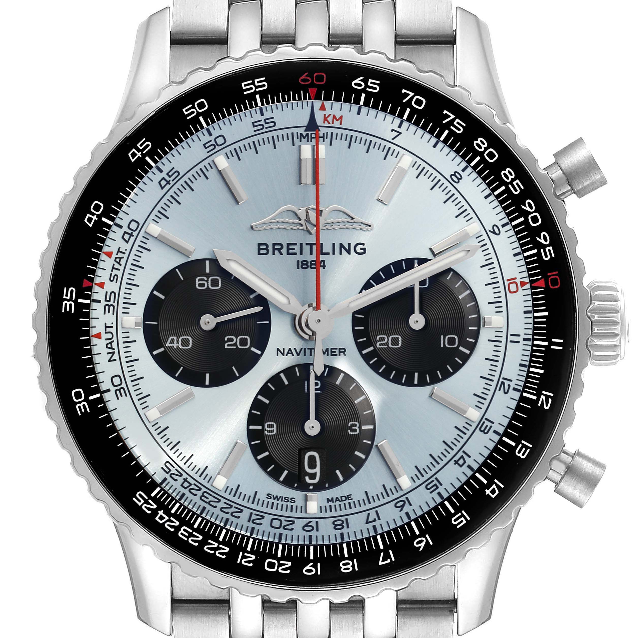 The image shows a front view of the Breitling Navitimer AB0138241C1A1 Men
s Stainless Steel Blue Dial AB0138241C1A1 Men
s Stainless Steel Blue Dial watch, displaying its dial, chronograph subdials, bezel, and bracelet.