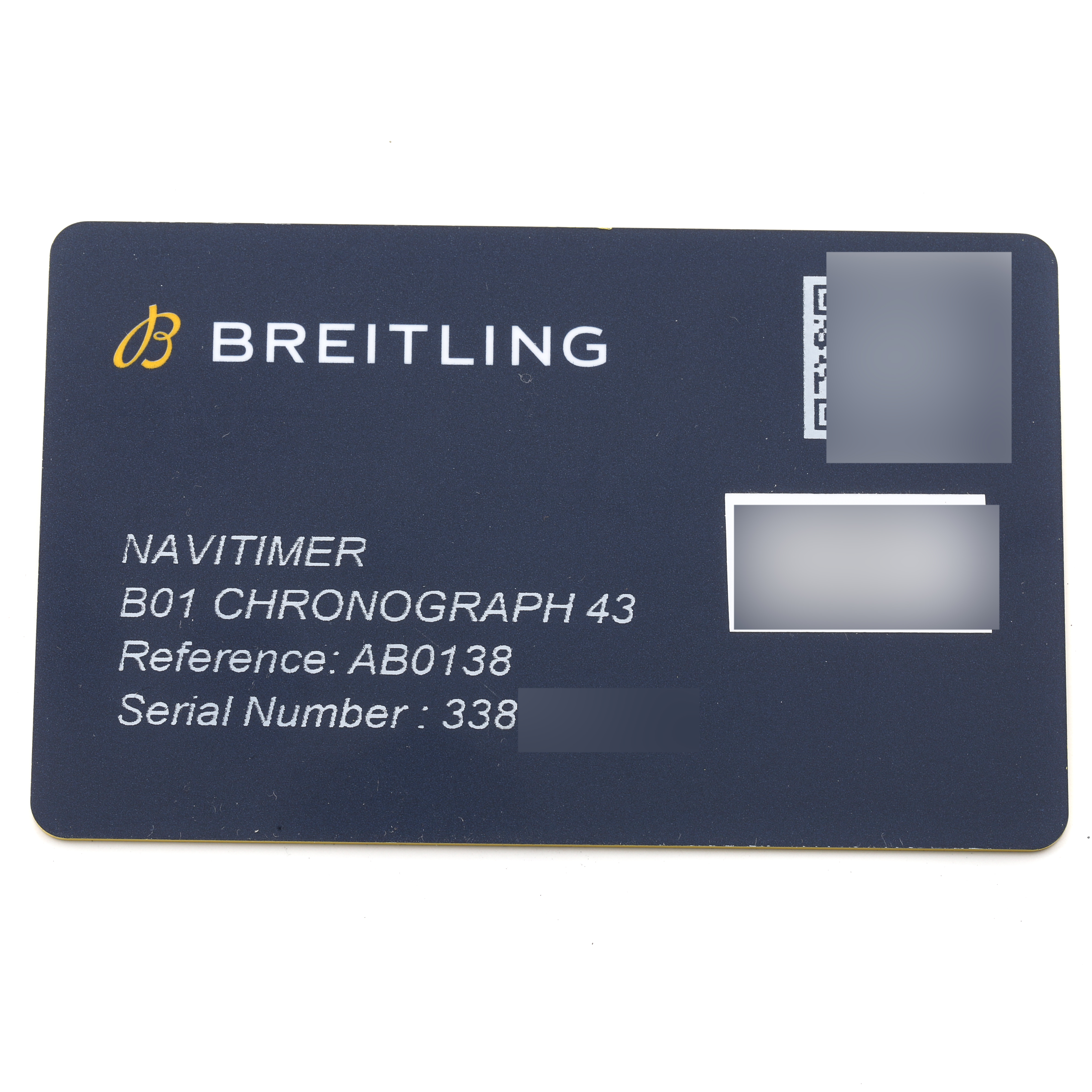 The image shows a Breitling Navitimer AB0138241C1A1 Men
s Stainless Steel Blue Dial AB0138241C1A1 Men
s Stainless Steel Blue Dial B01 Chronograph 43 reference card with details and serial number.