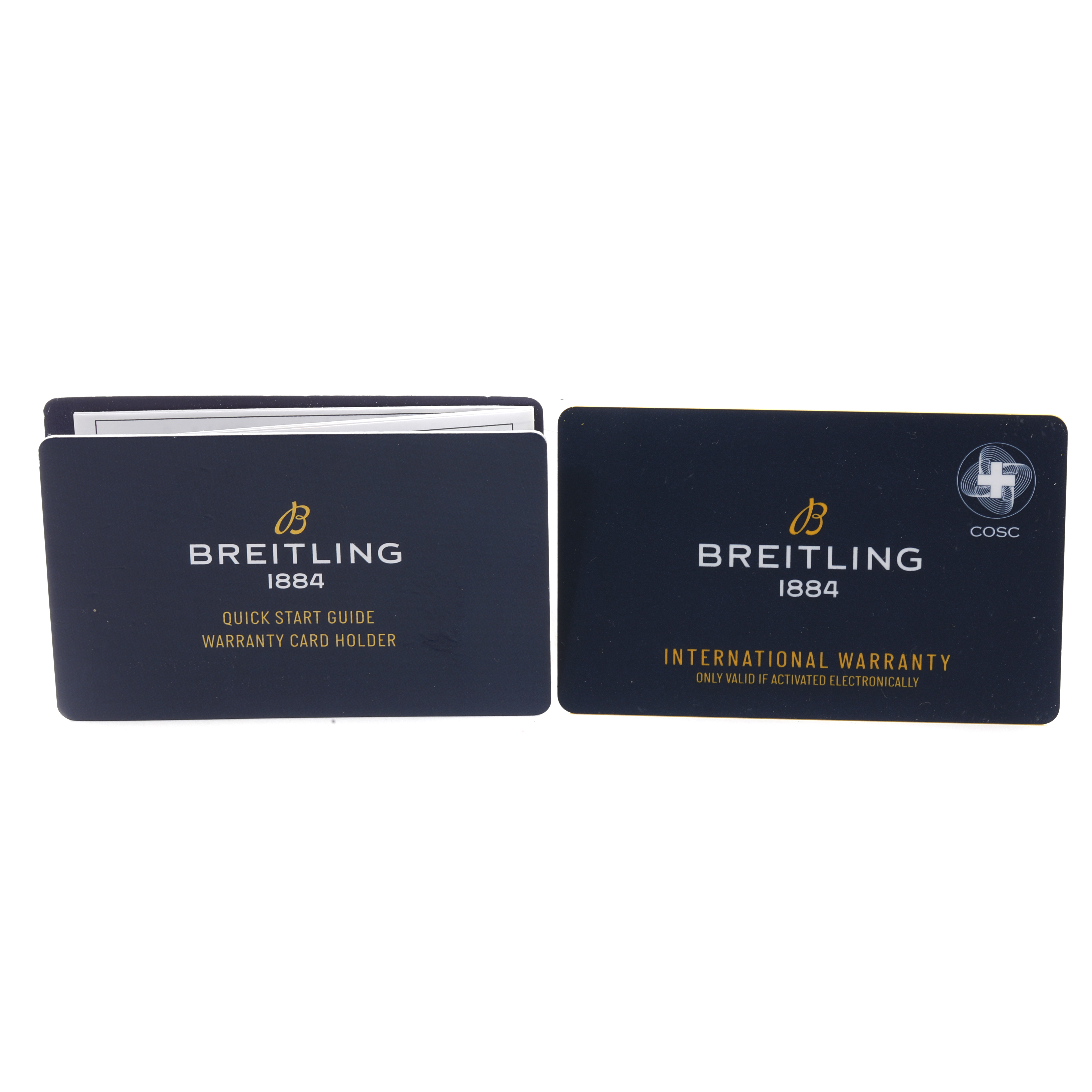 This image shows a Breitling Navitimer AB0138241C1A1 Men
s Stainless Steel Blue Dial AB0138241C1A1 Men
s Stainless Steel Blue Dial quick start guide warranty card holder and an international warranty card.