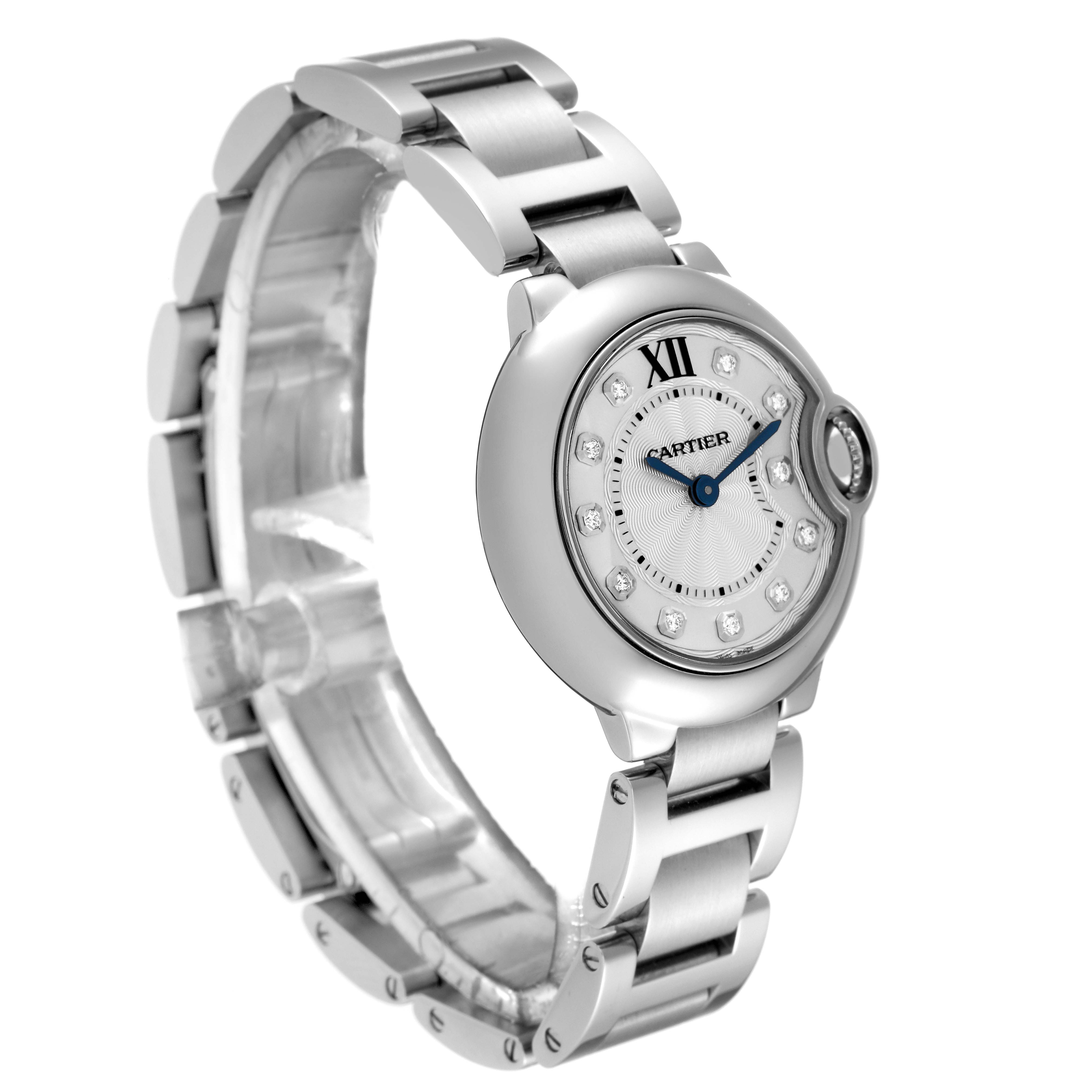 The image shows a side angle view of the Ballon Bleu de Cartier watch, highlighting the face, bezel, and bracelet.