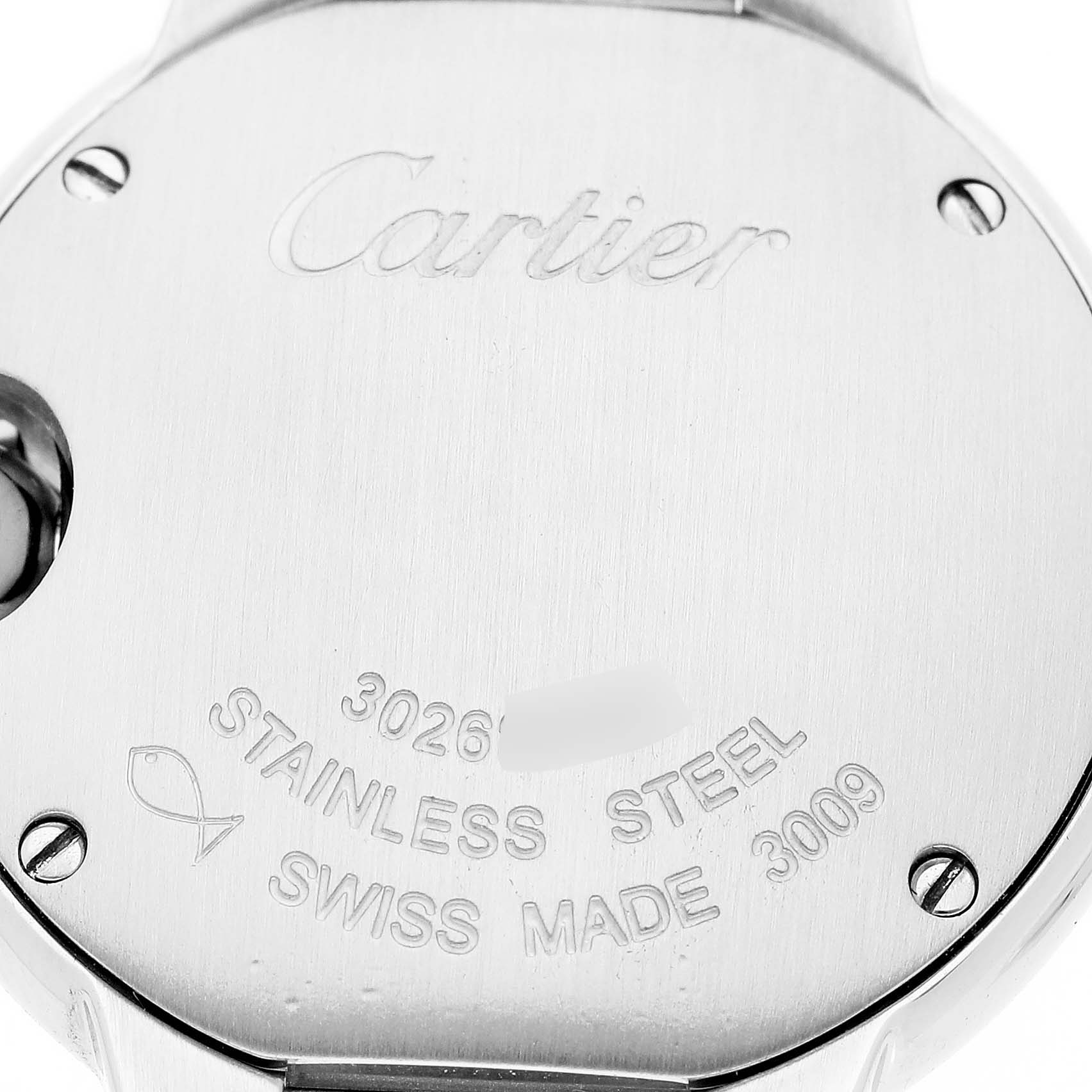 The image shows the back case of a Ballon Bleu model watch by Cartier, displaying the brand name and watch details.