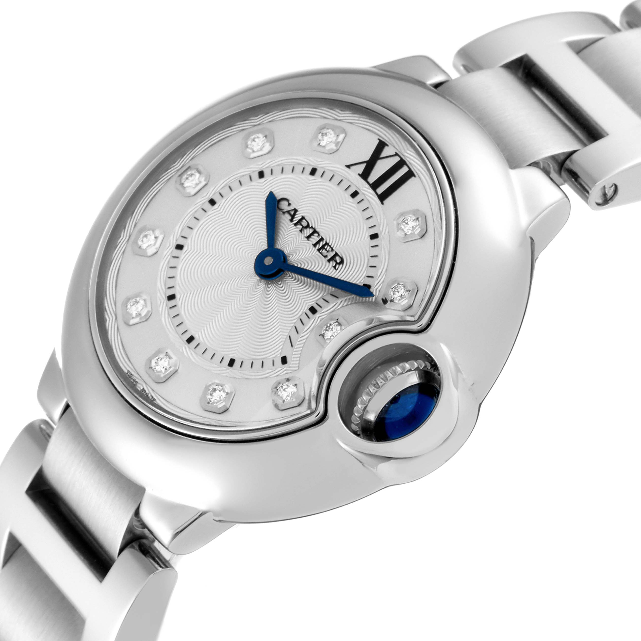 The image shows an angled close-up of the Cartier Ballon Bleu WE902073 Women's Stainless Steel Silver Dial WE902073 Women's Stainless Steel Silver Dial watch face and part of the strap.
