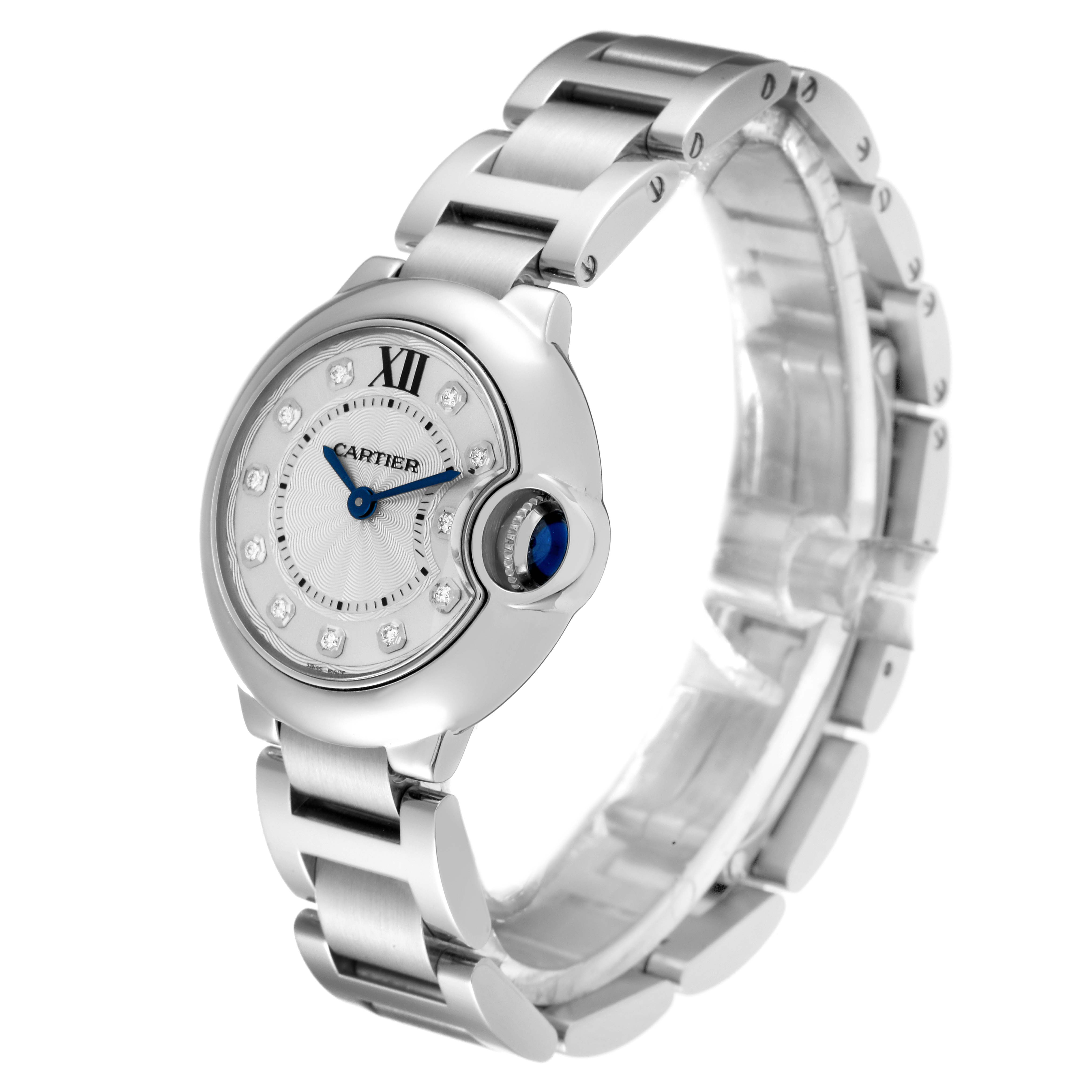 The image shows a Cartier Ballon Bleu WE902073 Women's Stainless Steel Silver Dial WE902073 Women's Stainless Steel Silver Dial watch at a three-quarter angle, highlighting its face, bracelet, and crown.