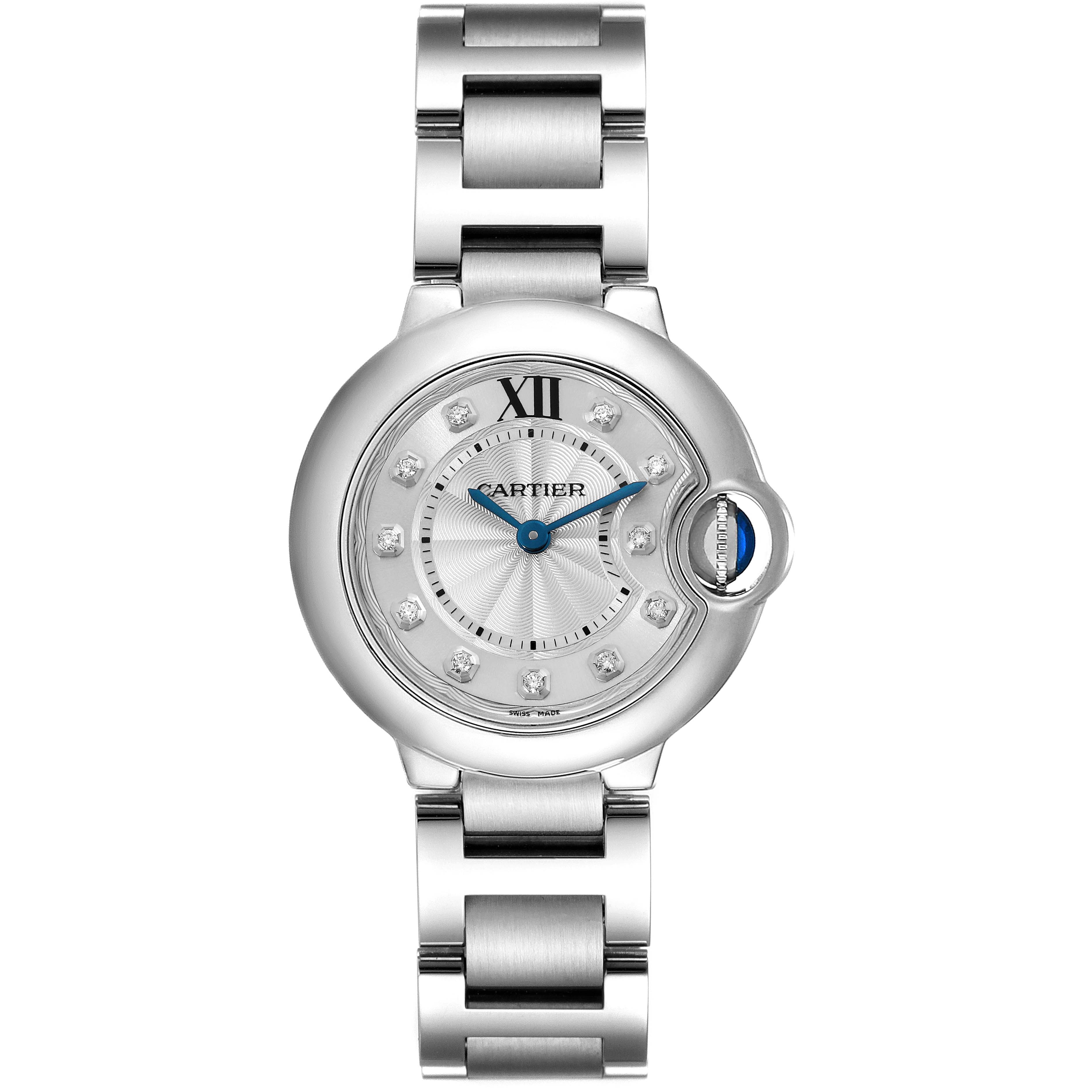 The image shows a full frontal view of the Ballon Bleu model watch by Cartier, highlighting the dial, bezel, and bracelet.