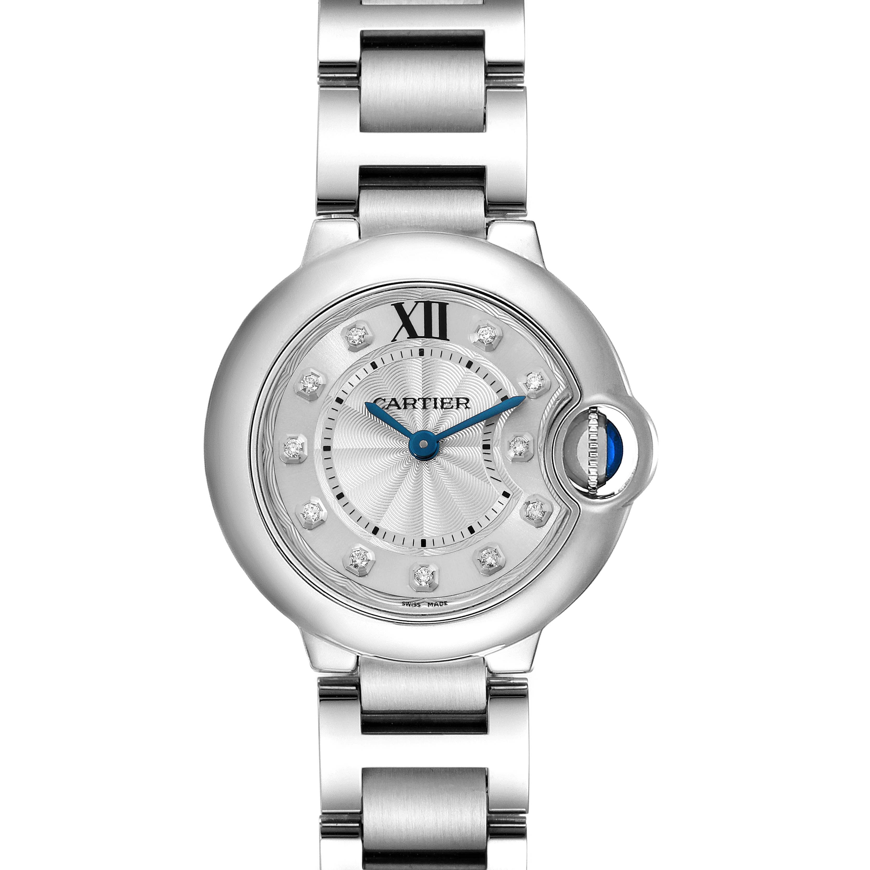 This image shows a frontal view of the dial and bracelet of the Cartier Ballon Bleu WE902073 Women's Stainless Steel Silver Dial WE902073 Women's Stainless Steel Silver Dial watch.