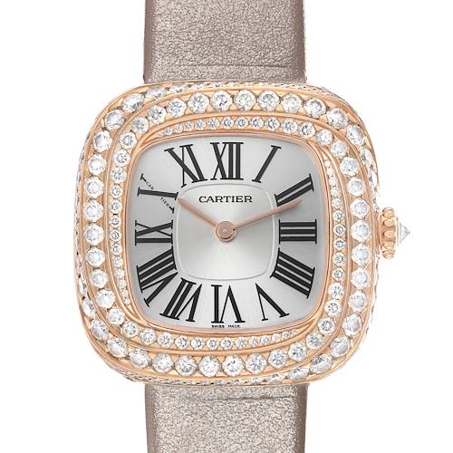 The Cartier Coussin WJCS0005 Women's Rose Gold Silver Dial watch is shown from a frontal angle, highlighting its diamond-set bezel and Roman numeral dial.