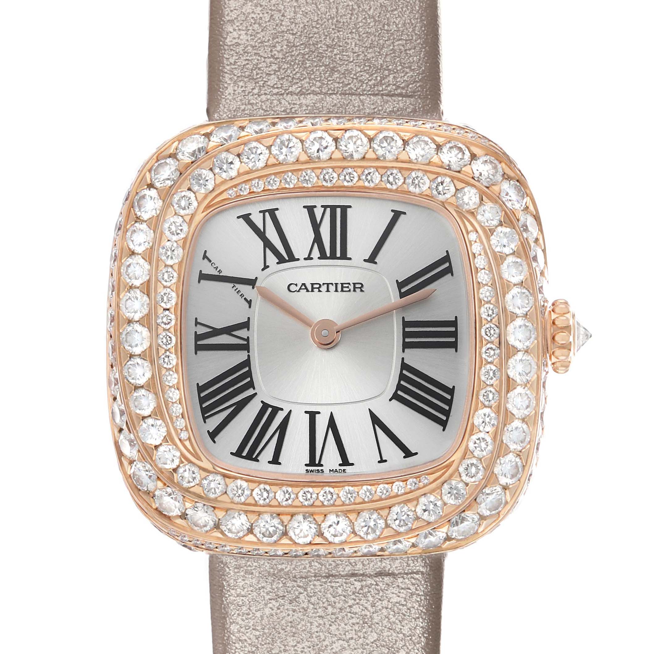 The Cartier Coussin WJCS0005 Women's Rose Gold Silver Dial watch is shown from the front, highlighting the diamond-studded bezel, Roman numerals, and leather strap.