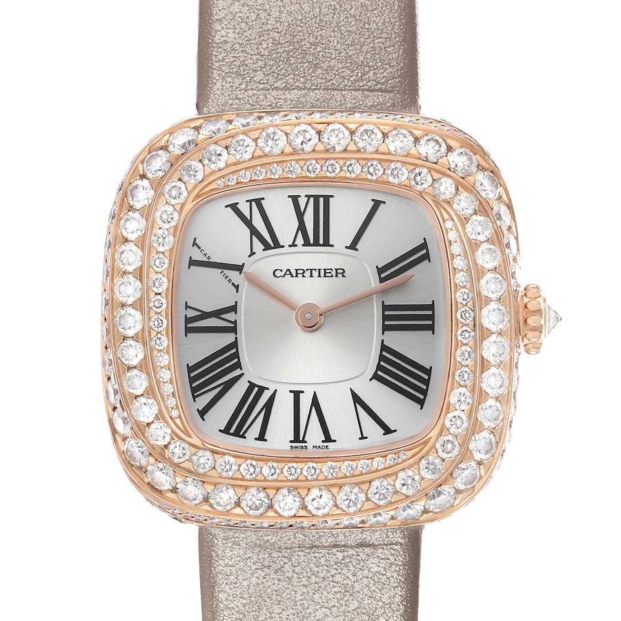 The Cartier Coussin WJCS0005 Women's Rose Gold Silver Dial watch is shown from the front, highlighting the diamond-studded bezel, Roman numerals, and leather strap.