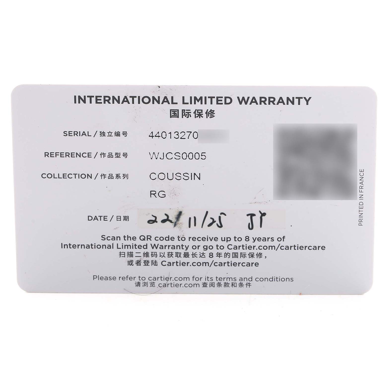 The image shows the international limited warranty card for the Cartier Coussin WJCS0005 Women's Rose Gold Silver Dial model.