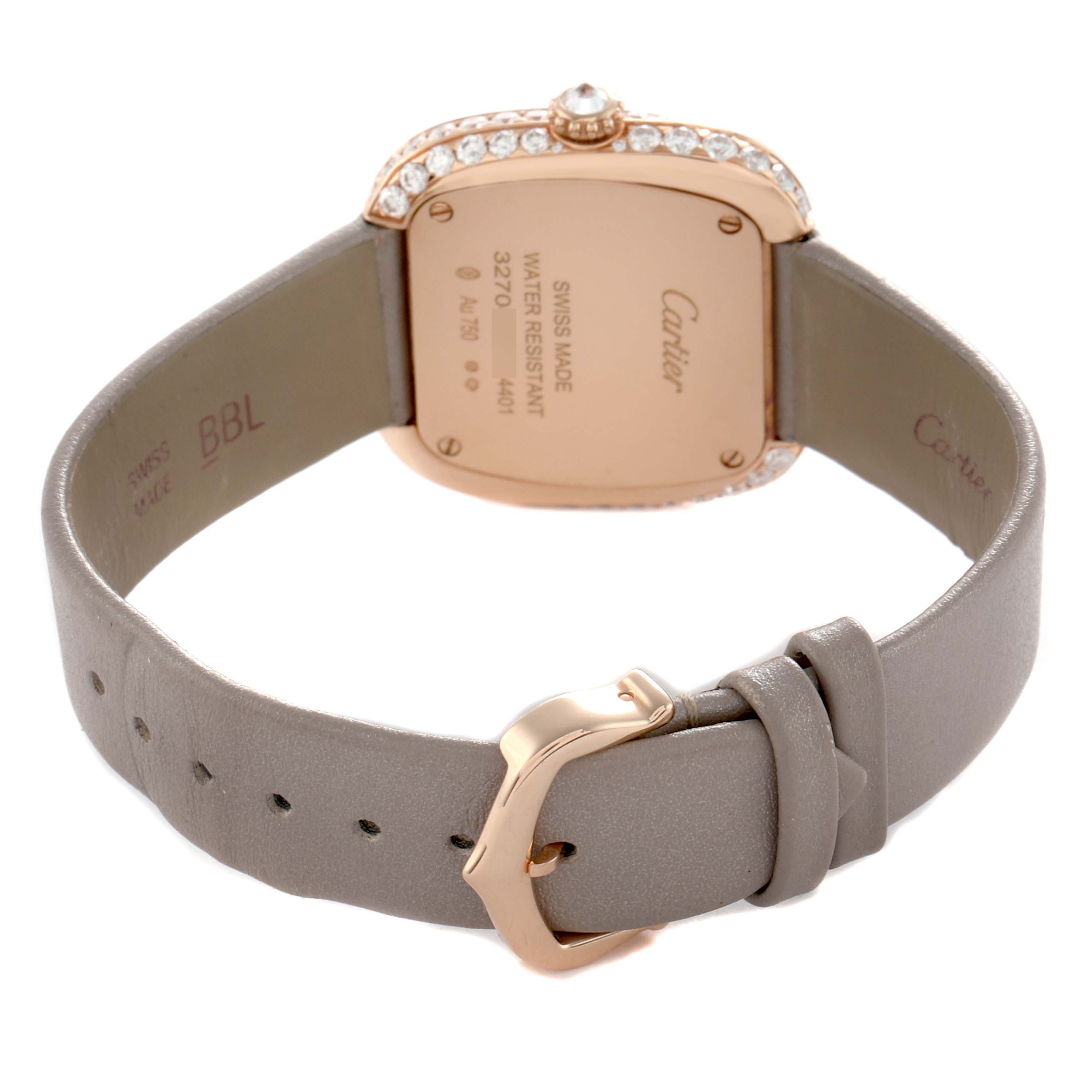 The Cartier Coussin WJCS0005 Women's Rose Gold Silver Dial watch is shown from the back, highlighting its case, strap, and buckle.
