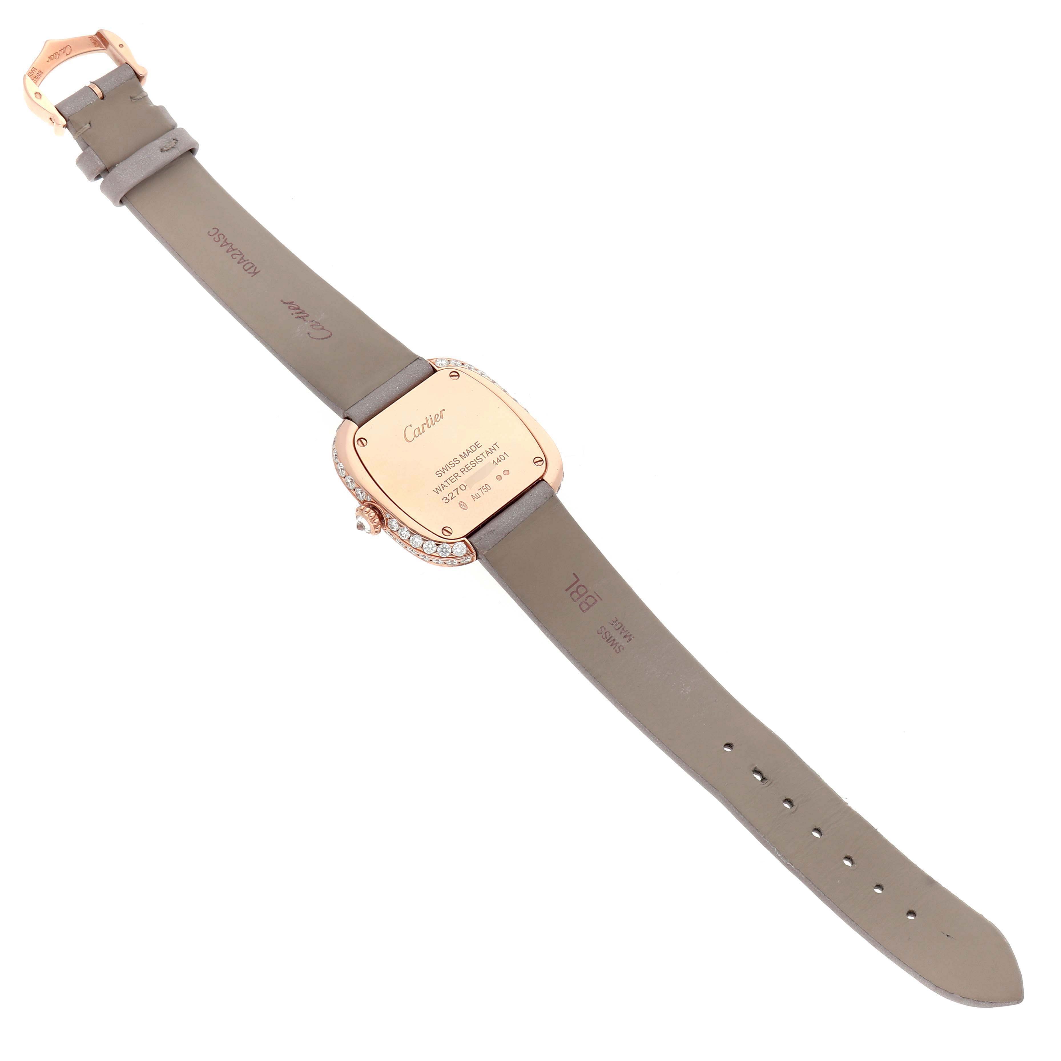 The Cartier Coussin WJCS0005 Women's Rose Gold Silver Dial watch is shown from the back, highlighting the case back, strap, and buckle.