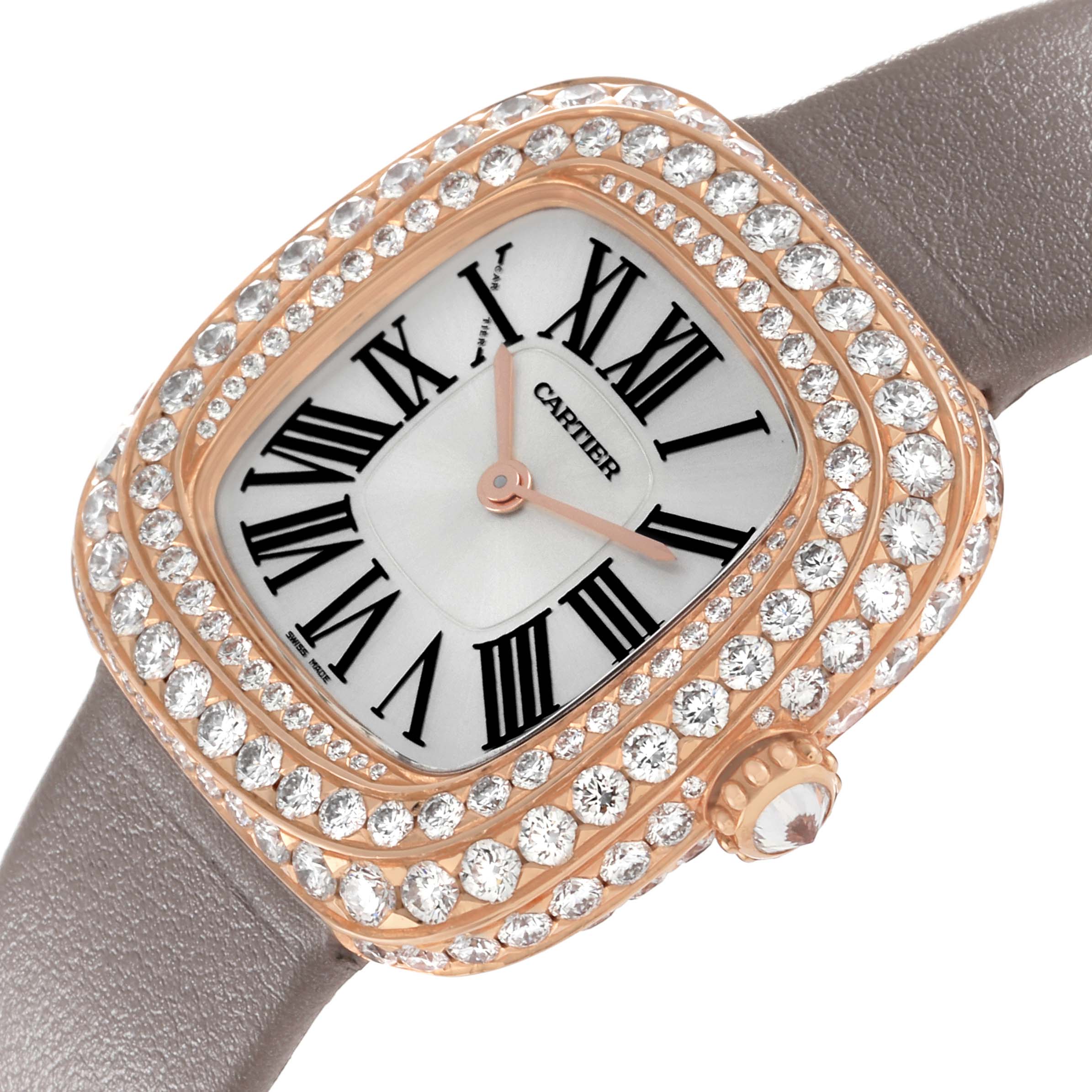 The Cartier Coussin WJCS0005 Women's Rose Gold Silver Dial watch is shown from a front angle, highlighting its diamond-encrusted bezel, dial, and strap.