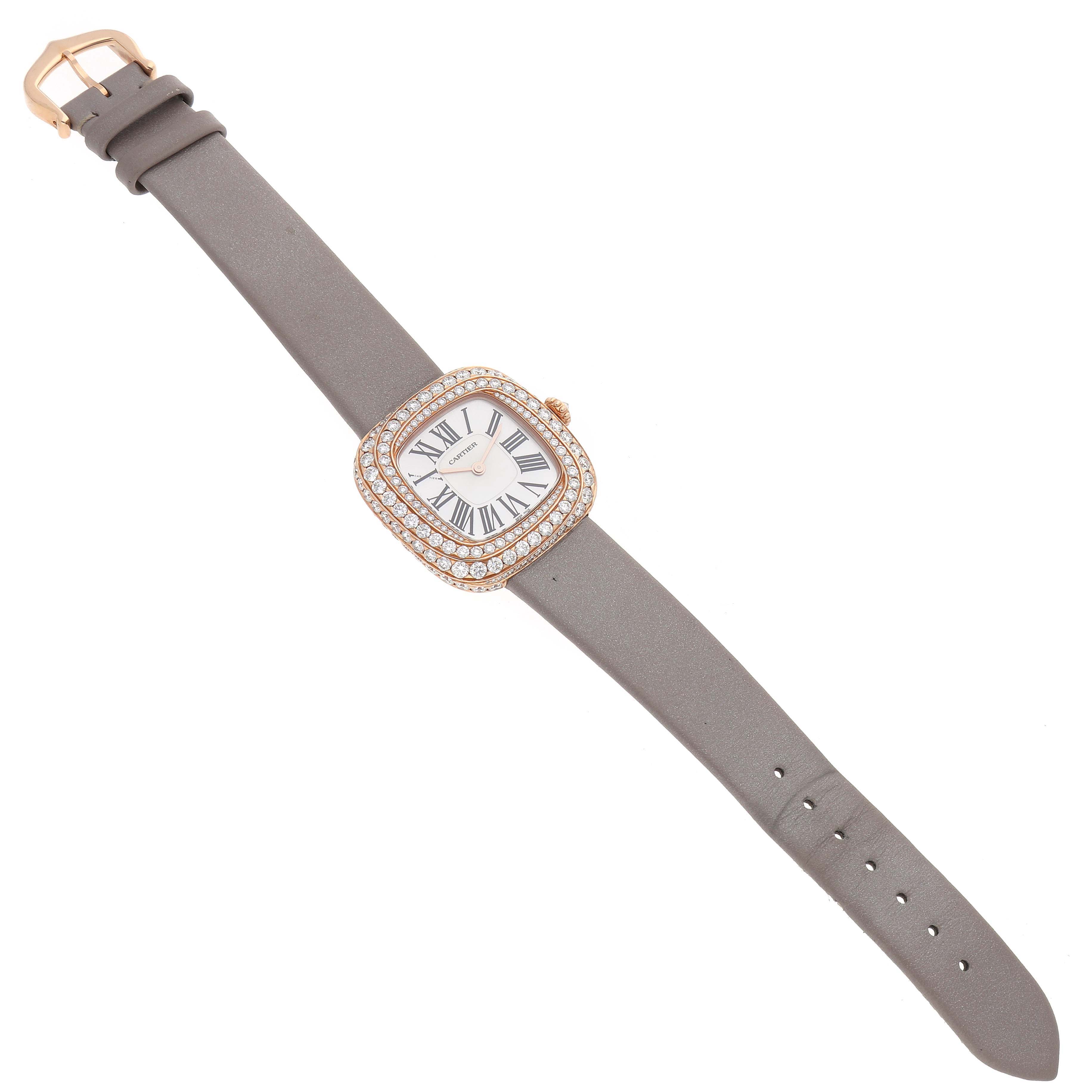 The Cartier Coussin WJCS0005 Women's Rose Gold Silver Dial watch is shown from a top-down angle, displaying the face, bezel, strap, and buckle.