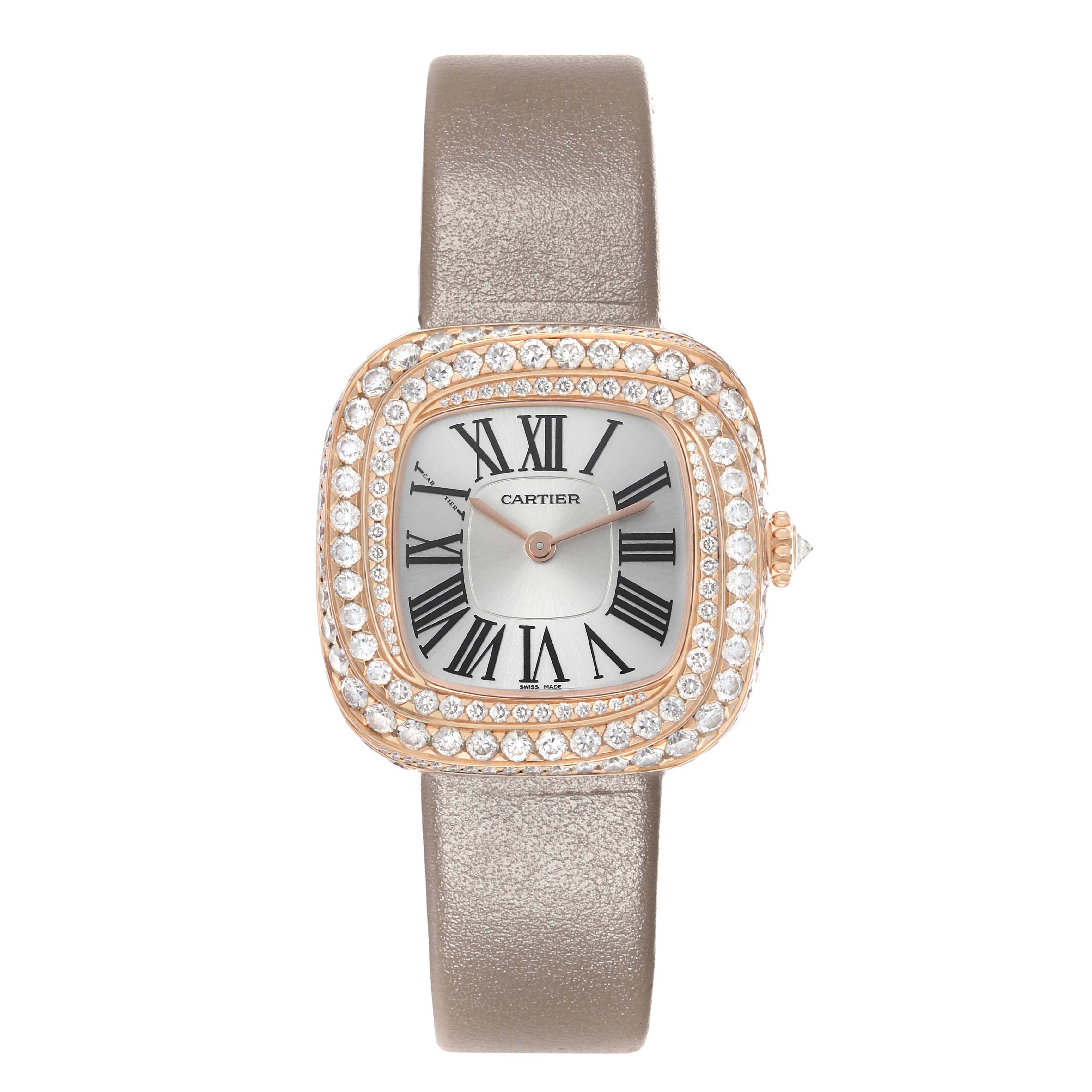 The Cartier Coussin WJCS0005 Women's Rose Gold Silver Dial watch is shown from a front angle, displaying the face, Roman numerals, diamond bezel, and leather strap.
