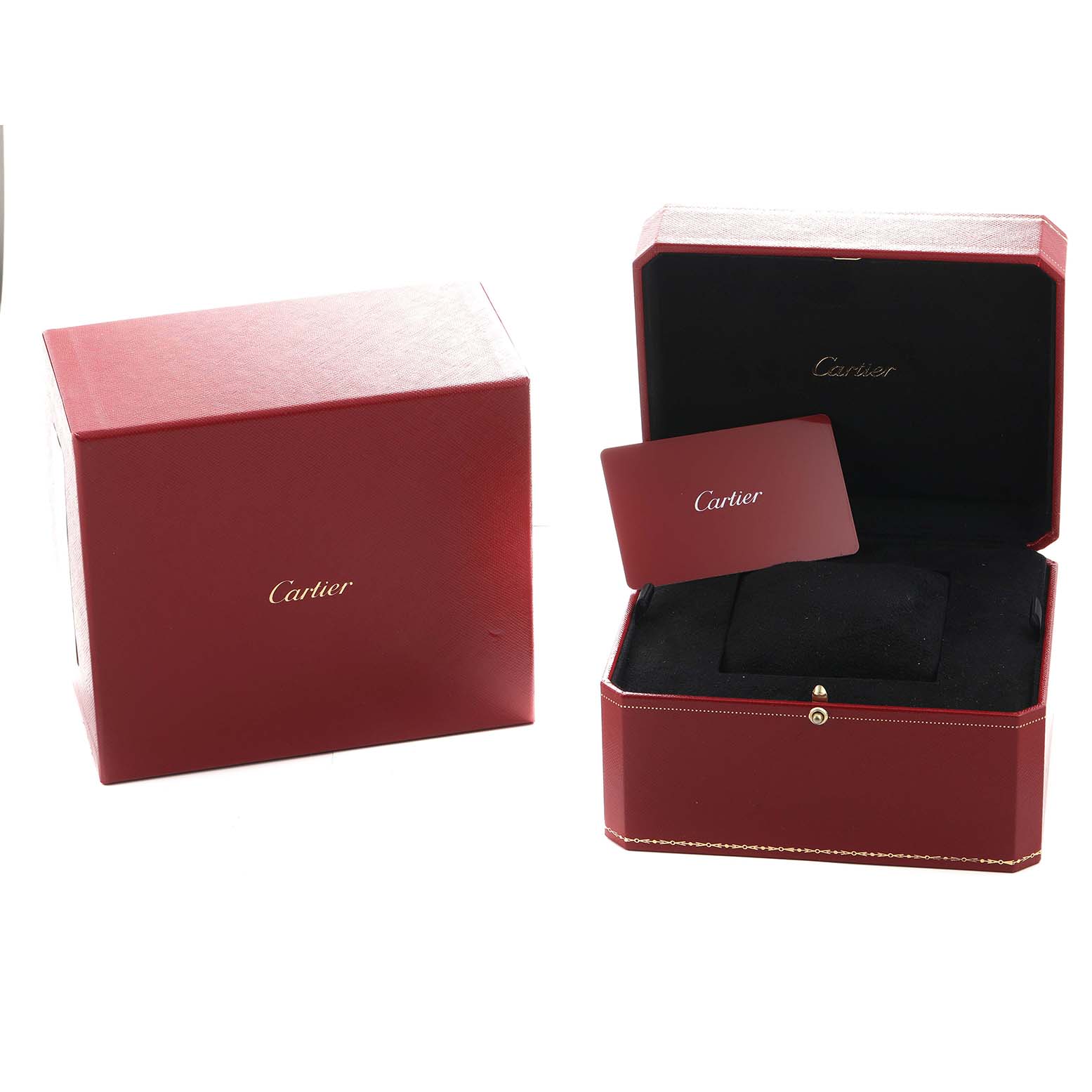 The image shows the Cartier Coussin WJCS0005 Women's Rose Gold Silver Dial watch packaging, featuring an open box with a card and a closed box beside it.