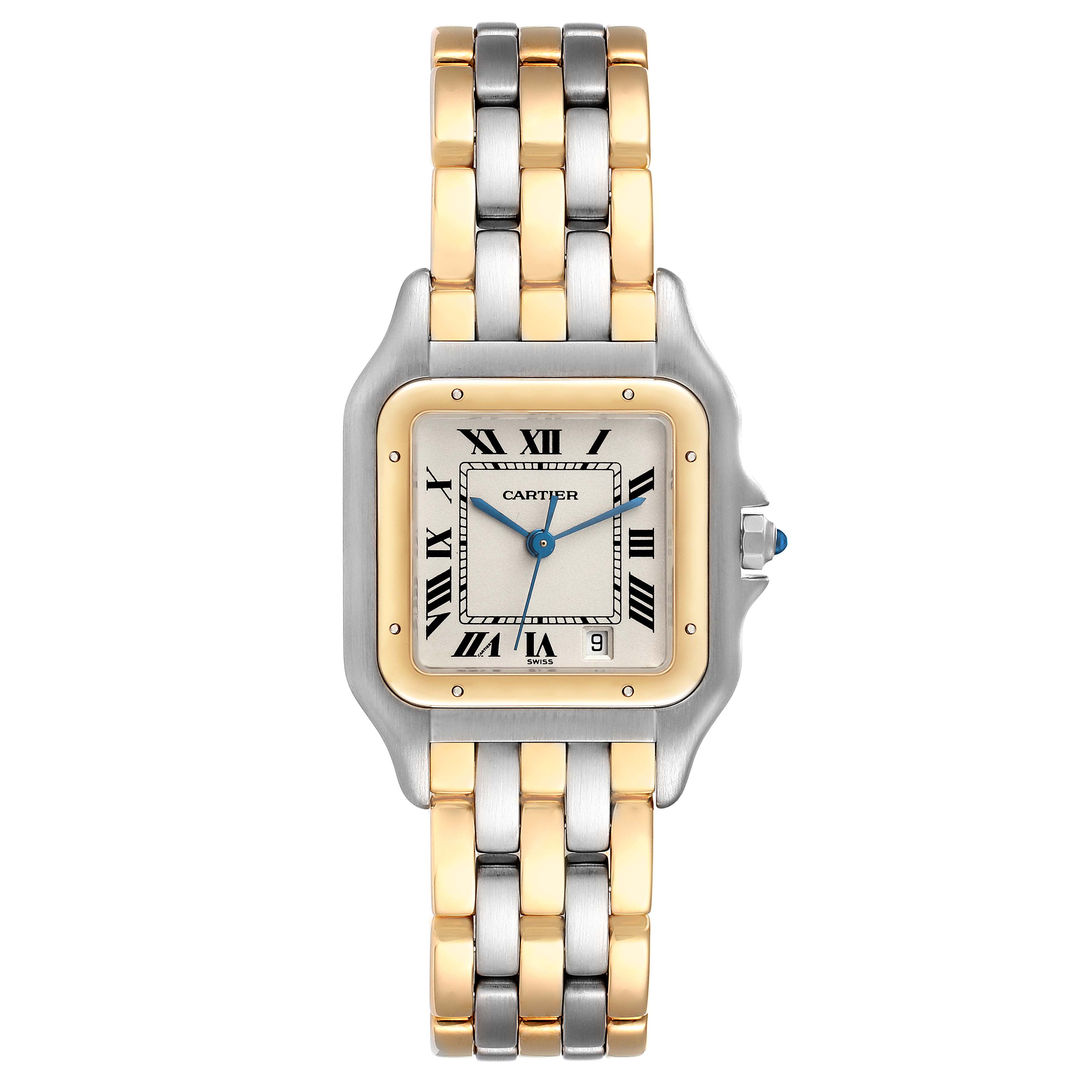 The image shows a front view of the Cartier Panthere W25028B8 Women's Steel and Gold (two tone) Silver Dial W25028B8 Women's Steel and Gold (two tone) Silver Dial watch featuring a two-tone bracelet, Roman numeral dial, and date window.