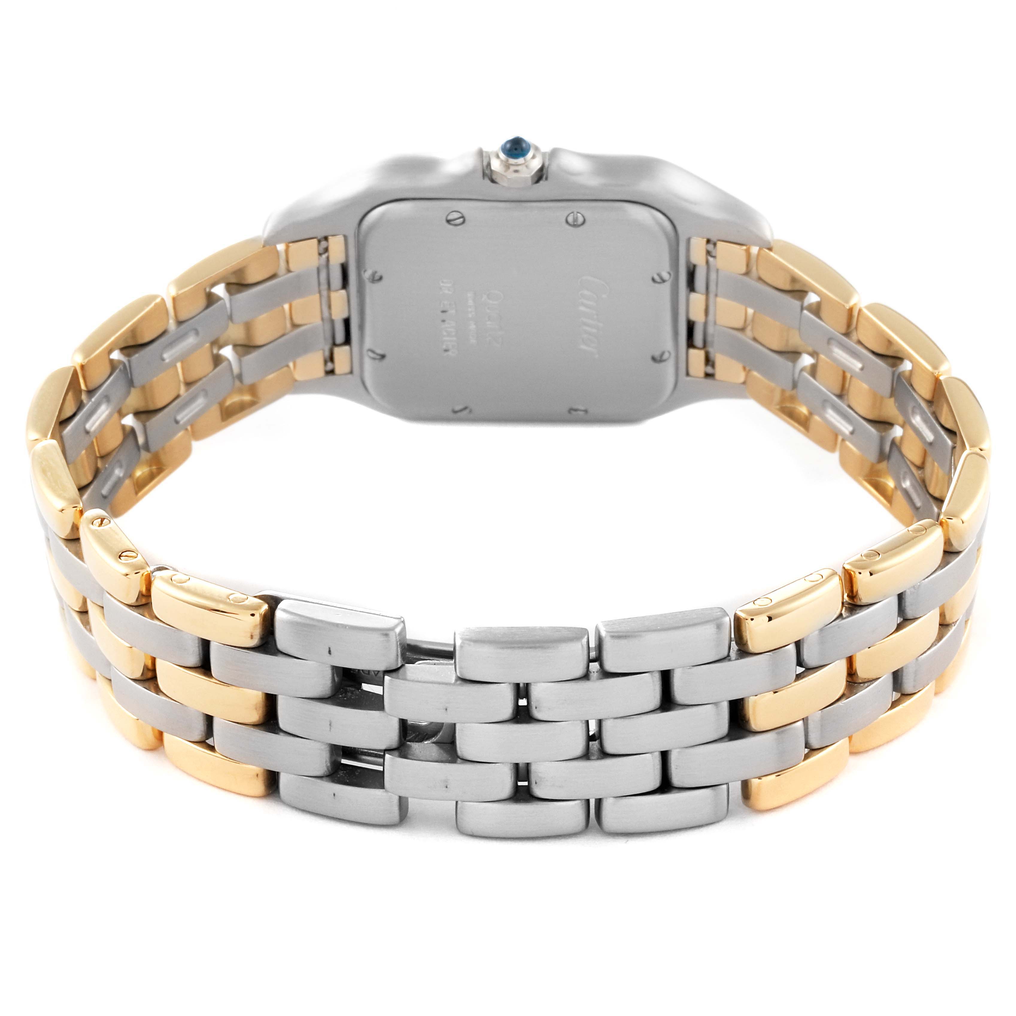 The image shows the back and bracelet of a Cartier Panthere W25028B8 Women's Steel and Gold (two tone) Silver Dial W25028B8 Women's Steel and Gold (two tone) Silver Dial watch, highlighting its stainless steel and gold links.