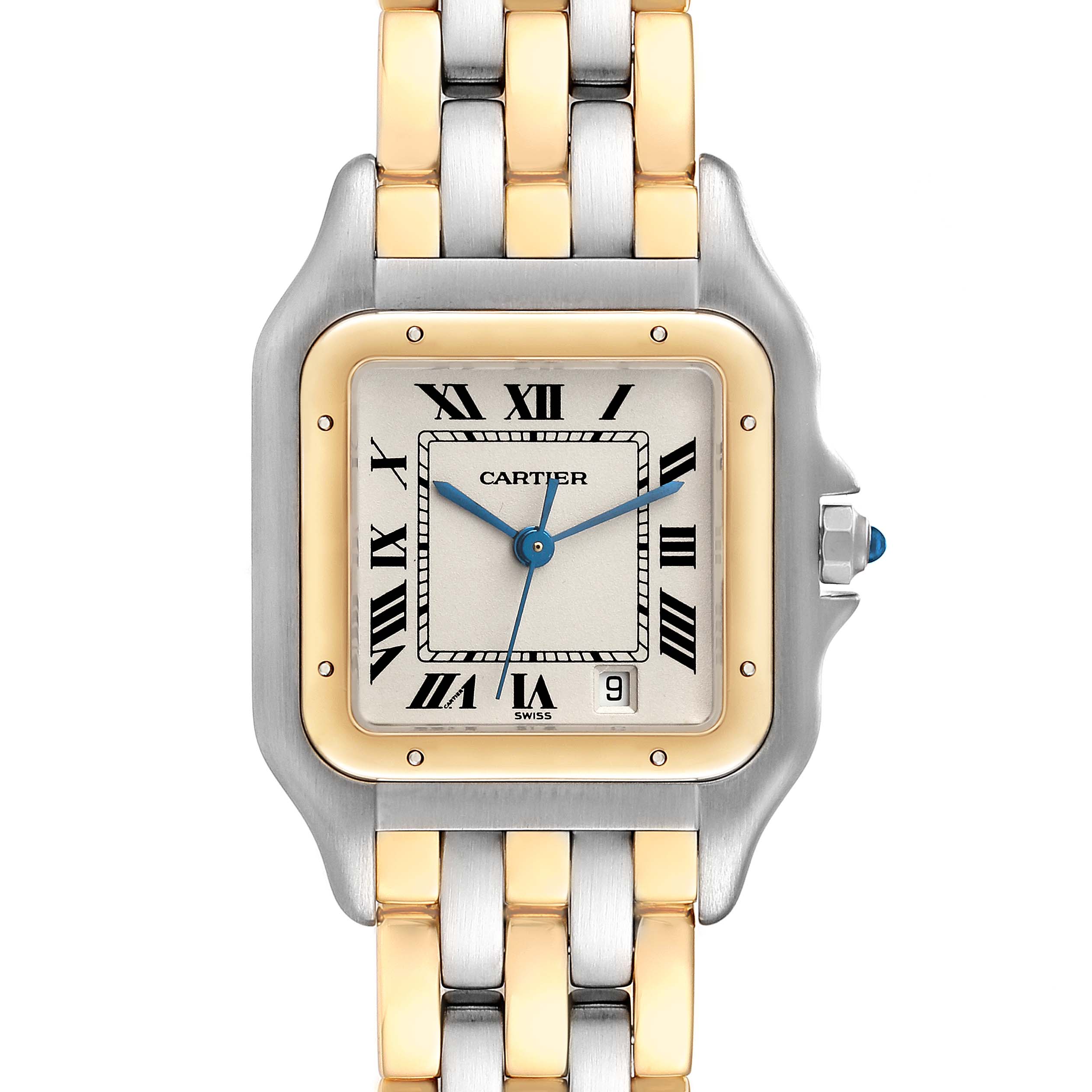 The Panthere de Cartier watch is shown from a front angle displaying its face, bezel, and part of the bracelet.