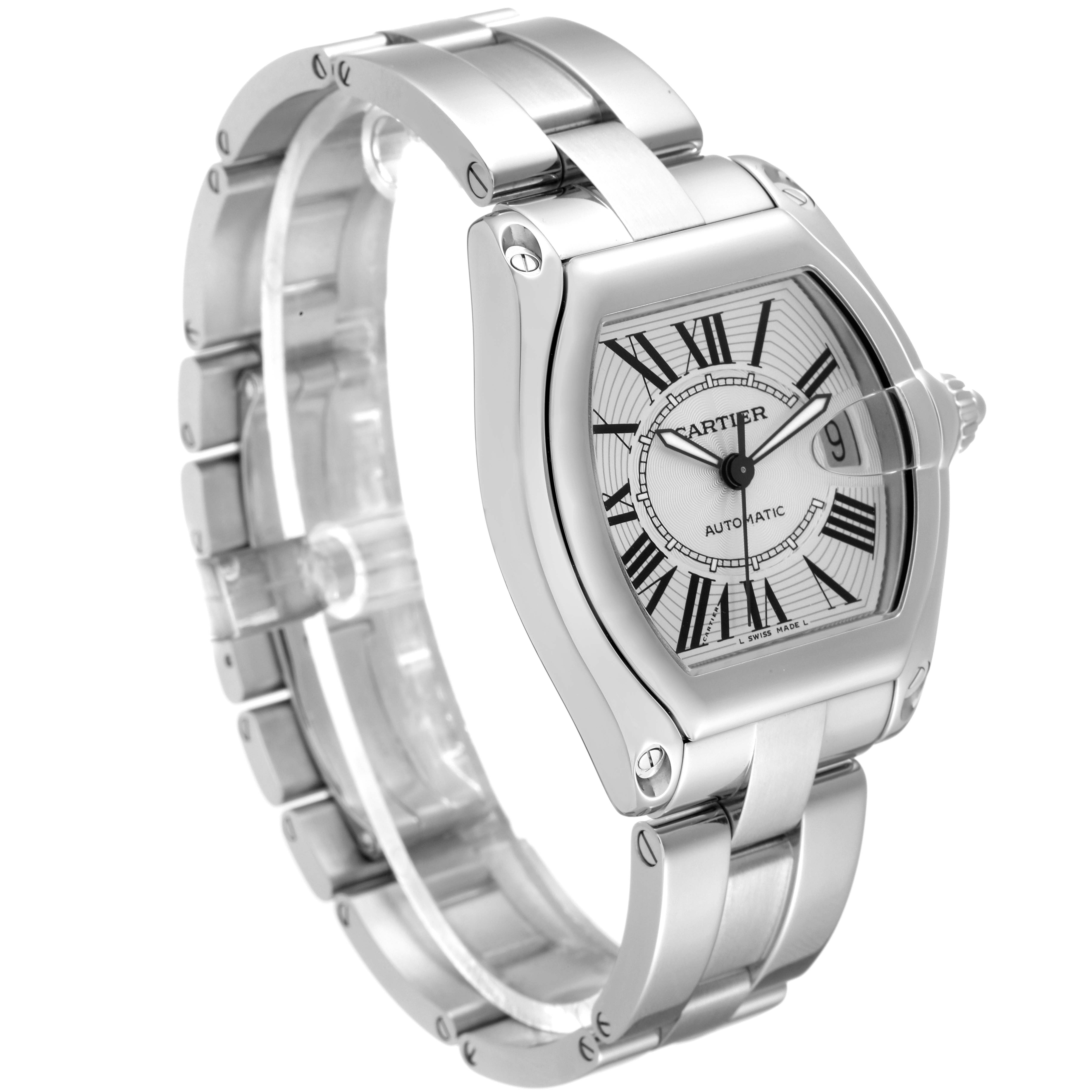 The Cartier Roadster W62025V3 Men's Stainless Steel Silver Dial W62025V3 Men's Stainless Steel Silver Dial watch is shown from a left-side angle, highlighting its bracelet, case, and dial.