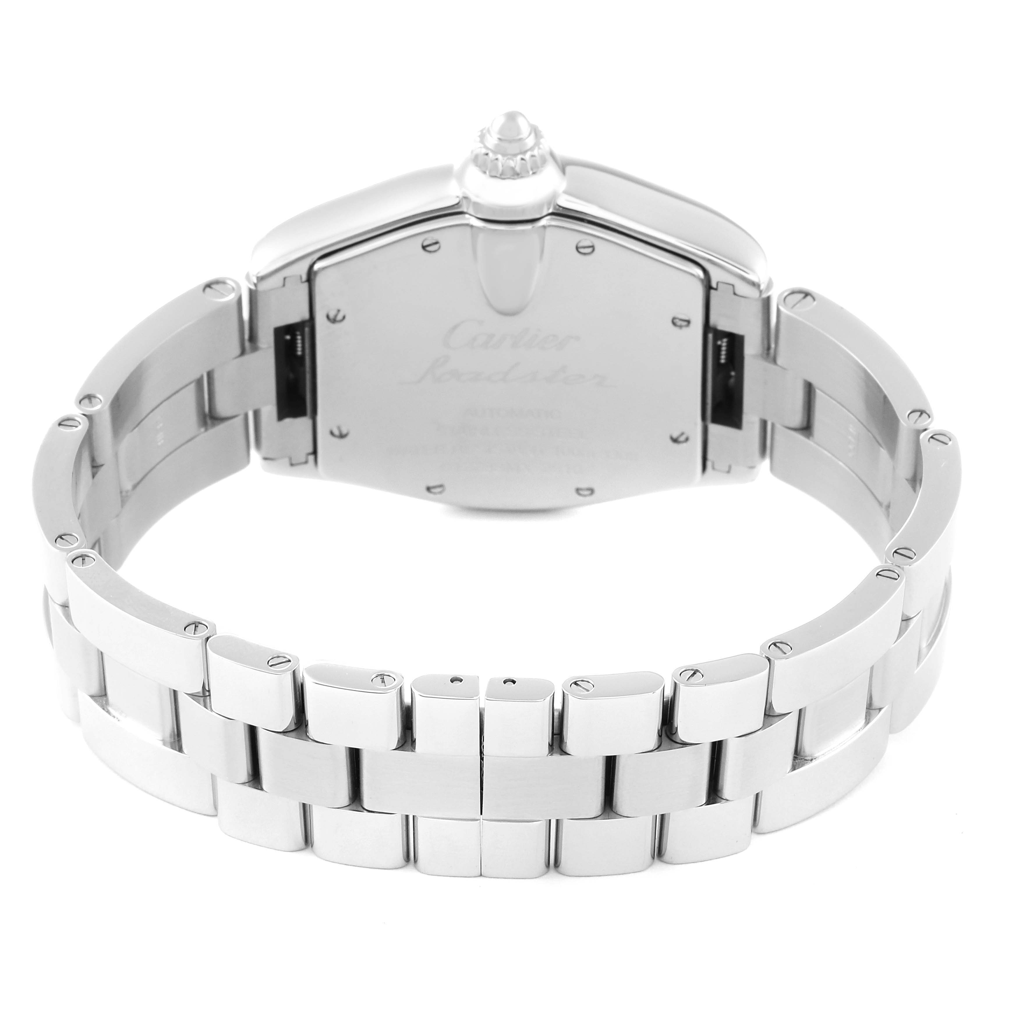 The image shows the back view of a Cartier Roadster W62025V3 Men's Stainless Steel Silver Dial W62025V3 Men's Stainless Steel Silver Dial watch, focusing on the case back and metal bracelet.