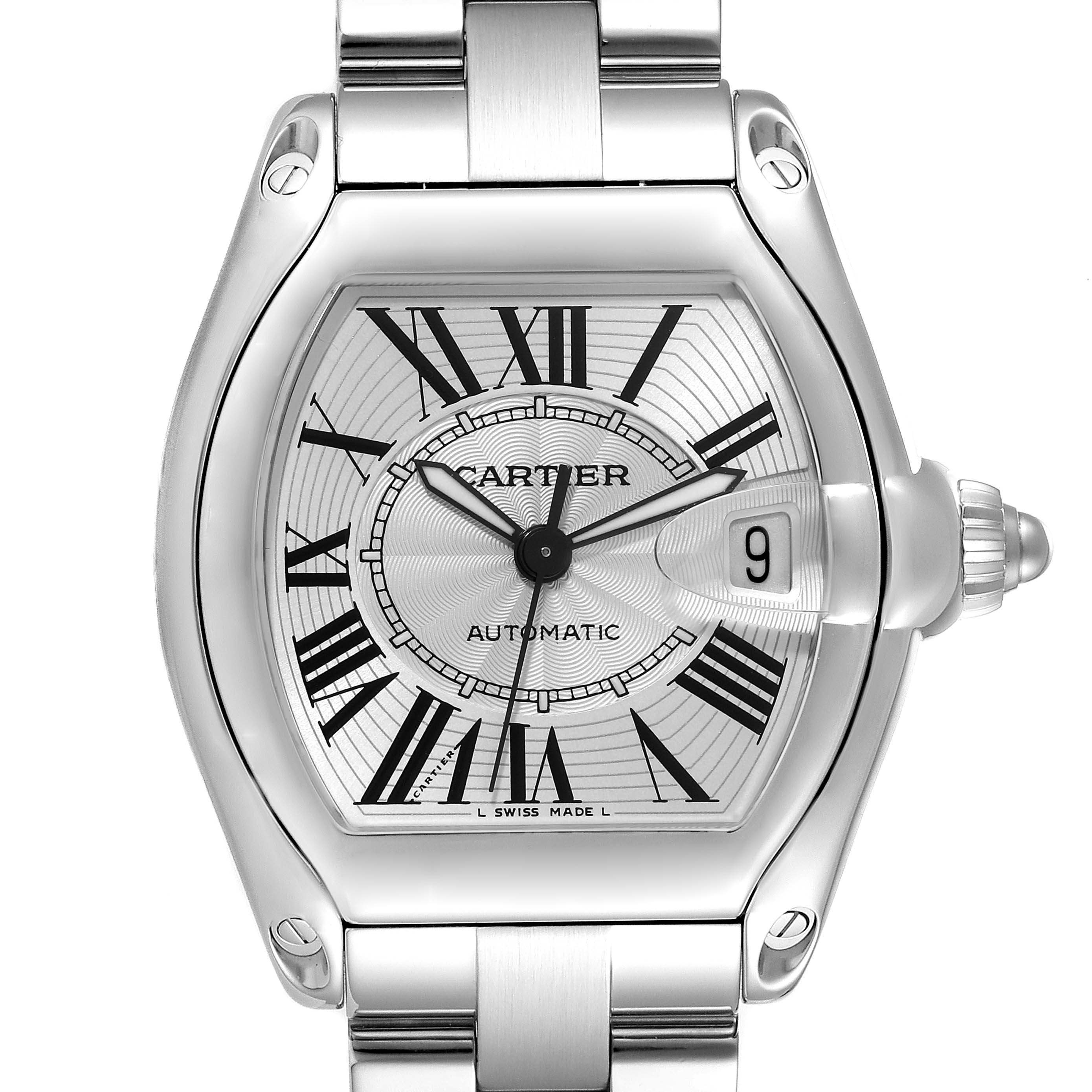 The image shows the face and part of the bracelet of the Cartier Roadster W62025V3 Men's Stainless Steel Silver Dial W62025V3 Men's Stainless Steel Silver Dial model watch, including its Roman numeral dial and date window.