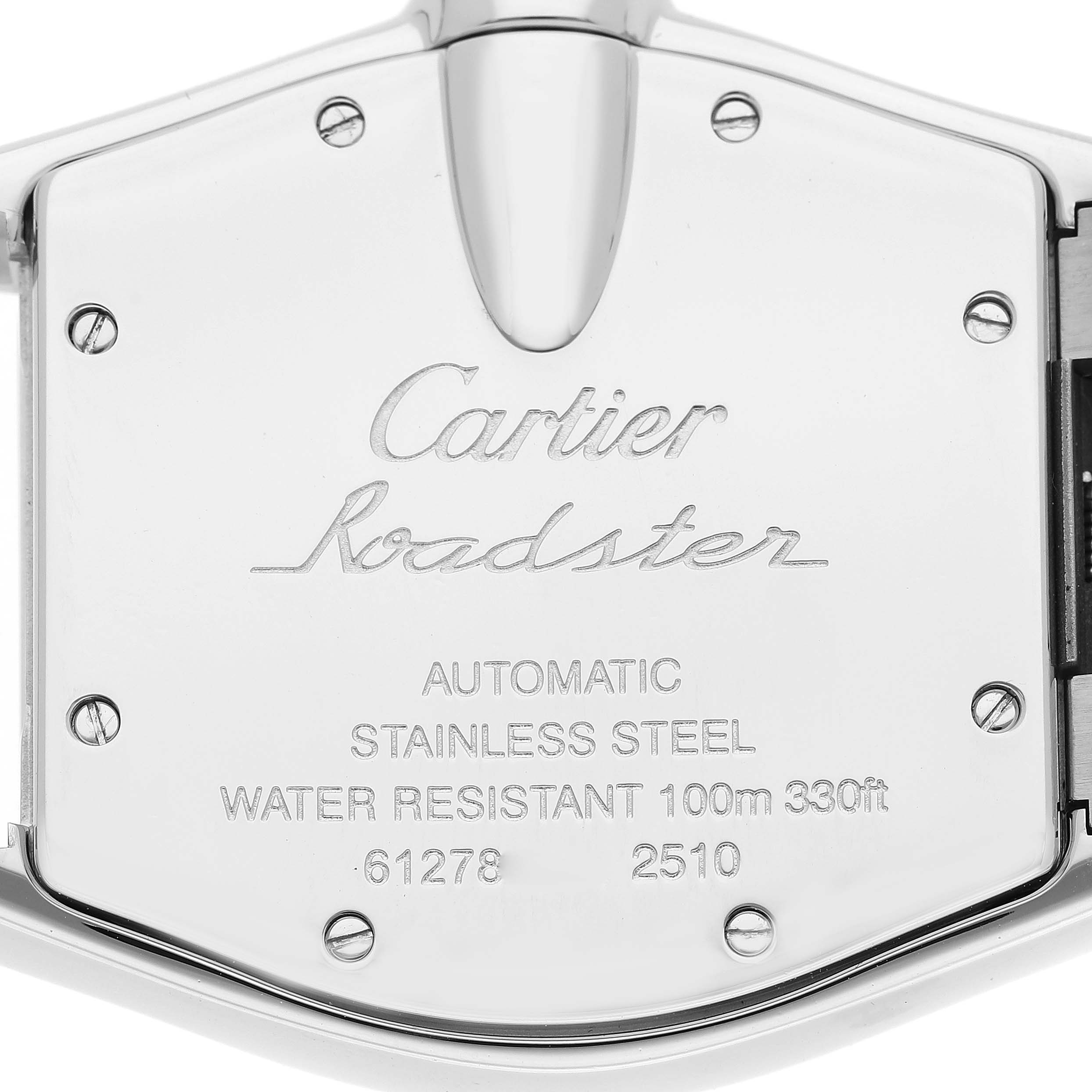 This image shows the back casing of a Cartier Roadster W62025V3 Men's Stainless Steel Silver Dial W62025V3 Men's Stainless Steel Silver Dial watch, highlighting details like water resistance and the model number.