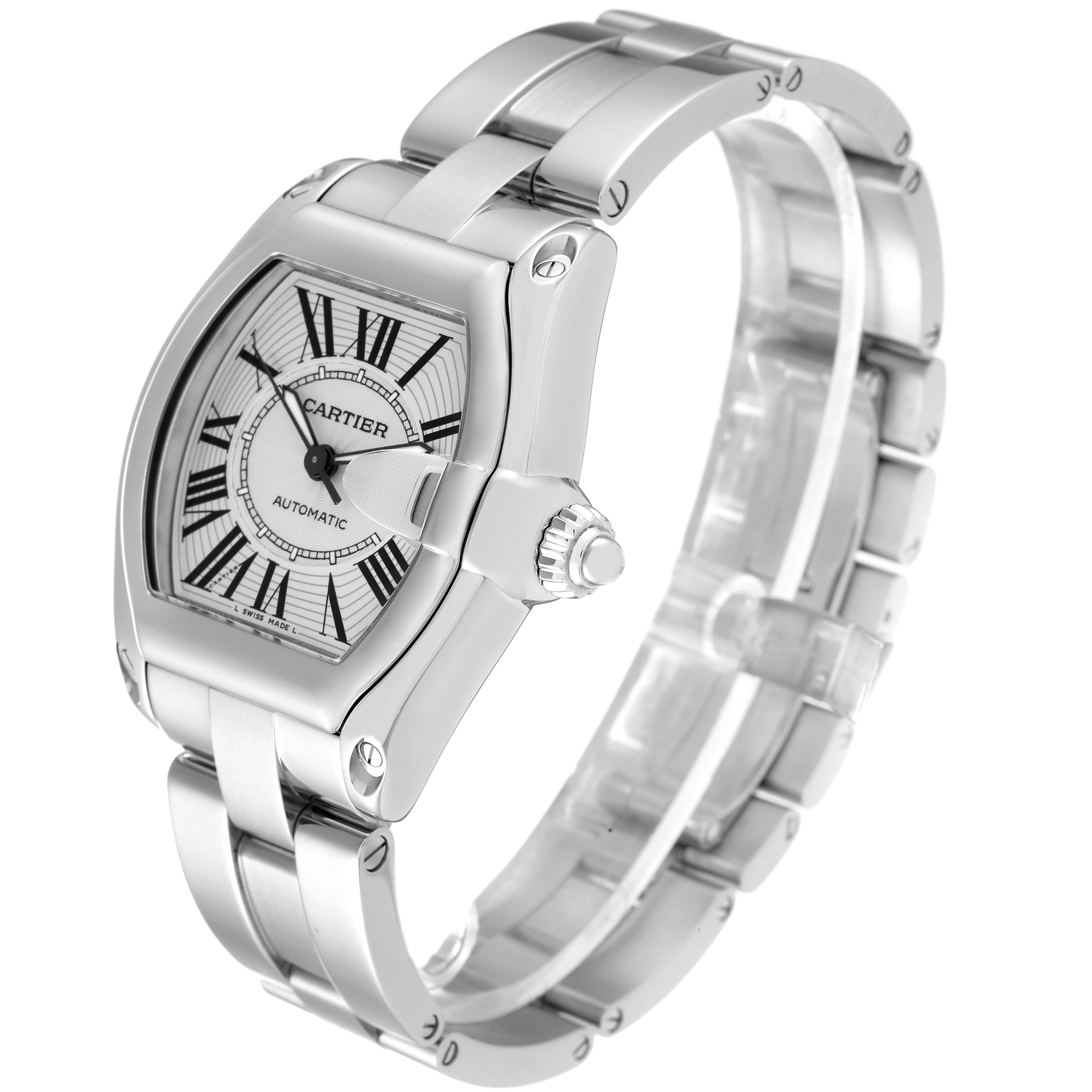 The Cartier Roadster W62025V3 Men's Stainless Steel Silver Dial W62025V3 Men's Stainless Steel Silver Dial watch is shown at an angled view highlighting its face, crown, and stainless steel bracelet.