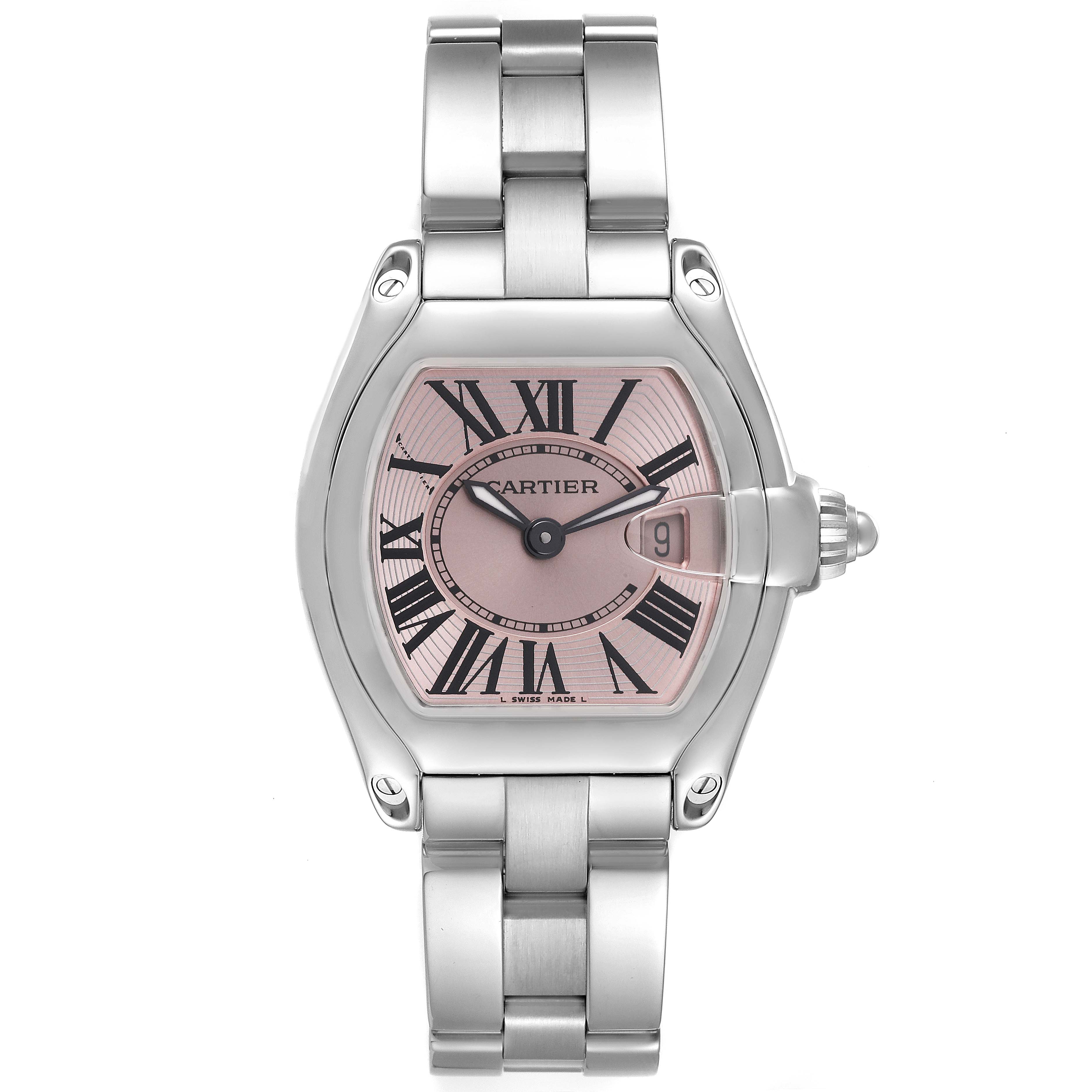 This image shows a front view of a Cartier Roadster W62017V3 Women's Stainless Steel Pink Dial W62017V3 Women's Stainless Steel Pink Dial watch, displaying its dial, bracelet, and crown.