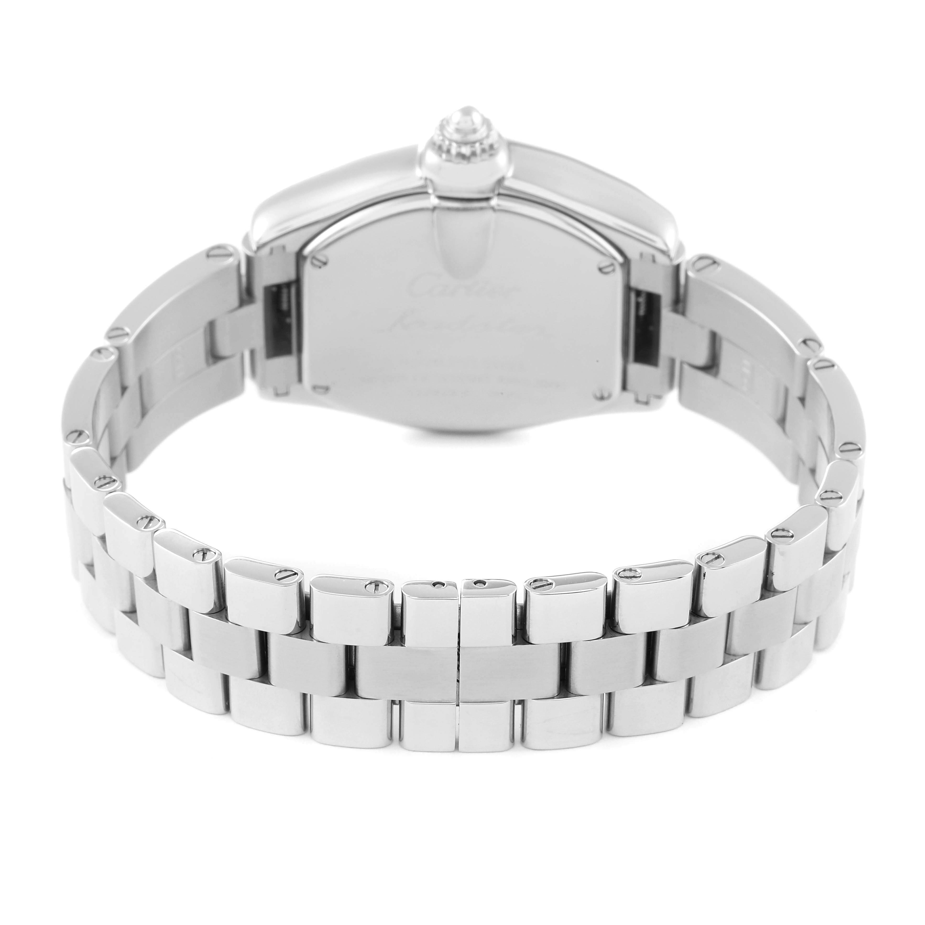 The image shows the back view of a Cartier Roadster W62017V3 Women's Stainless Steel Pink Dial W62017V3 Women's Stainless Steel Pink Dial watch, focusing on its stainless steel bracelet and case.