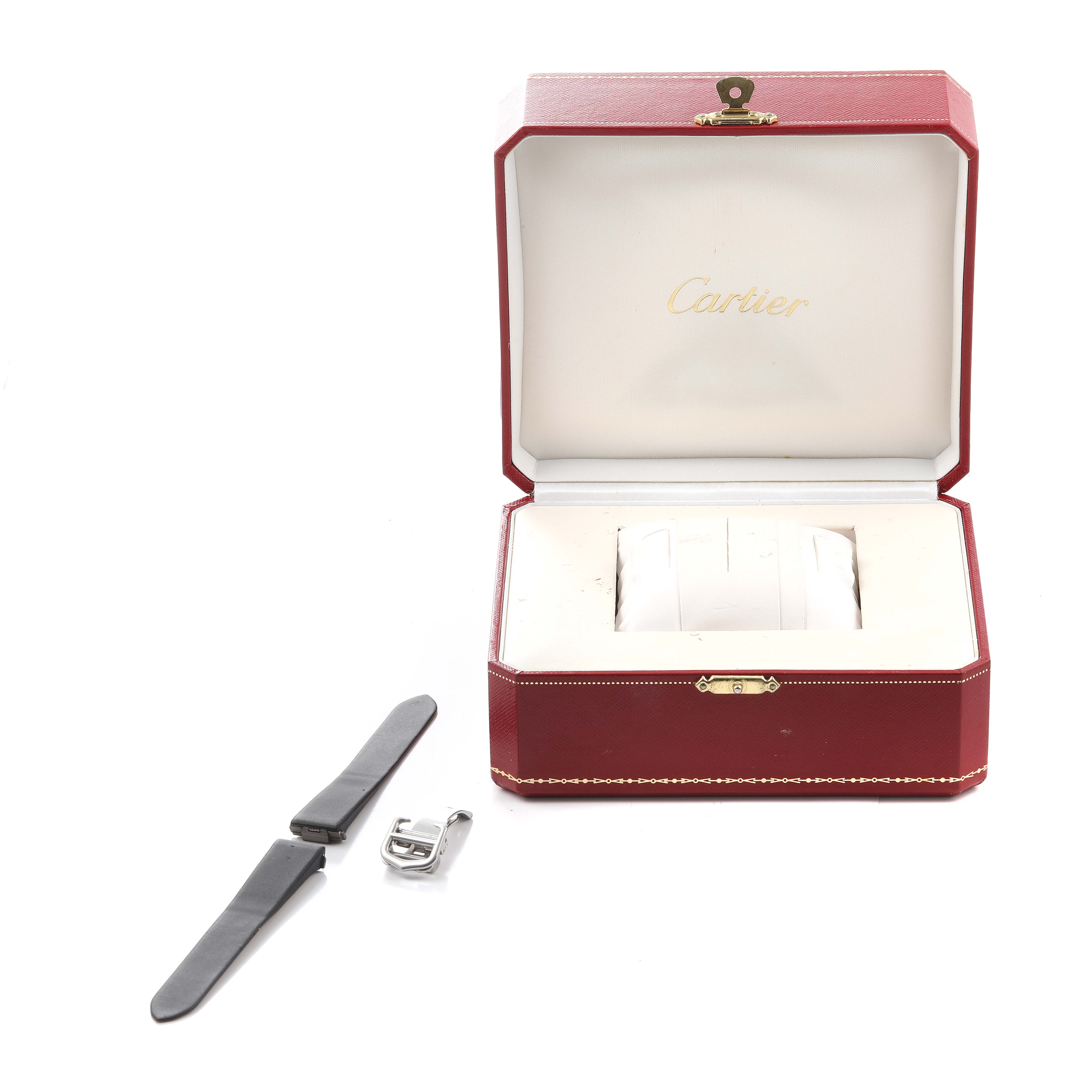 The image shows a Cartier Roadster W62017V3 Women's Stainless Steel Pink Dial W62017V3 Women's Stainless Steel Pink Dial watch box with additional straps and a buckle placed beside it.