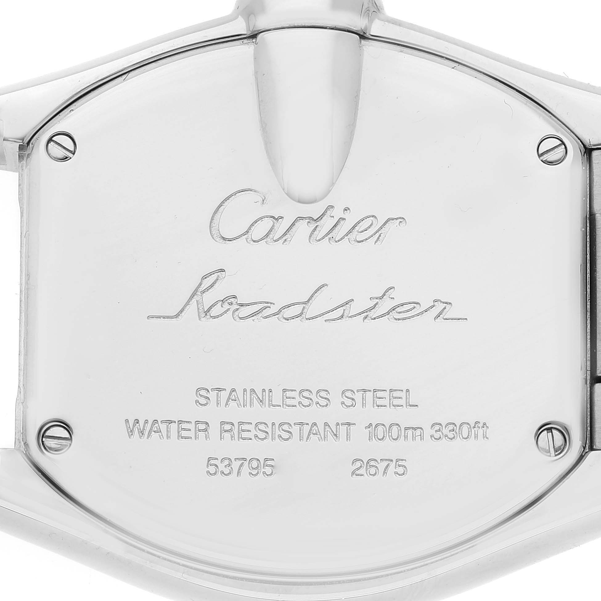 The image shows the back case of a Cartier Roadster W62017V3 Women's Stainless Steel Pink Dial W62017V3 Women's Stainless Steel Pink Dial watch, highlighting its model details and water resistance.