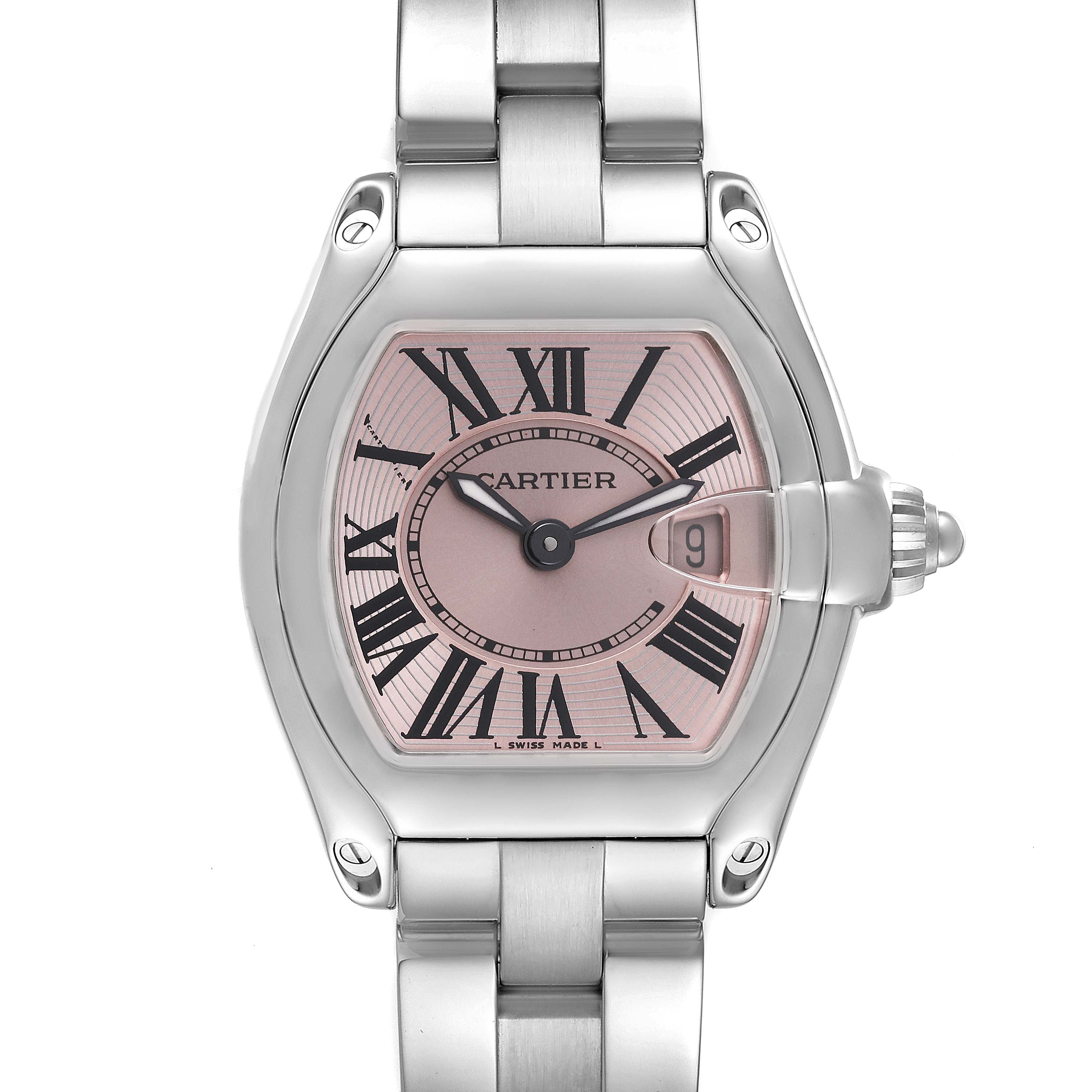 The image shows a full frontal view of the Cartier Roadster W62017V3 Women's Stainless Steel Pink Dial W62017V3 Women's Stainless Steel Pink Dial watch, highlighting the dial, case, and part of the bracelet.