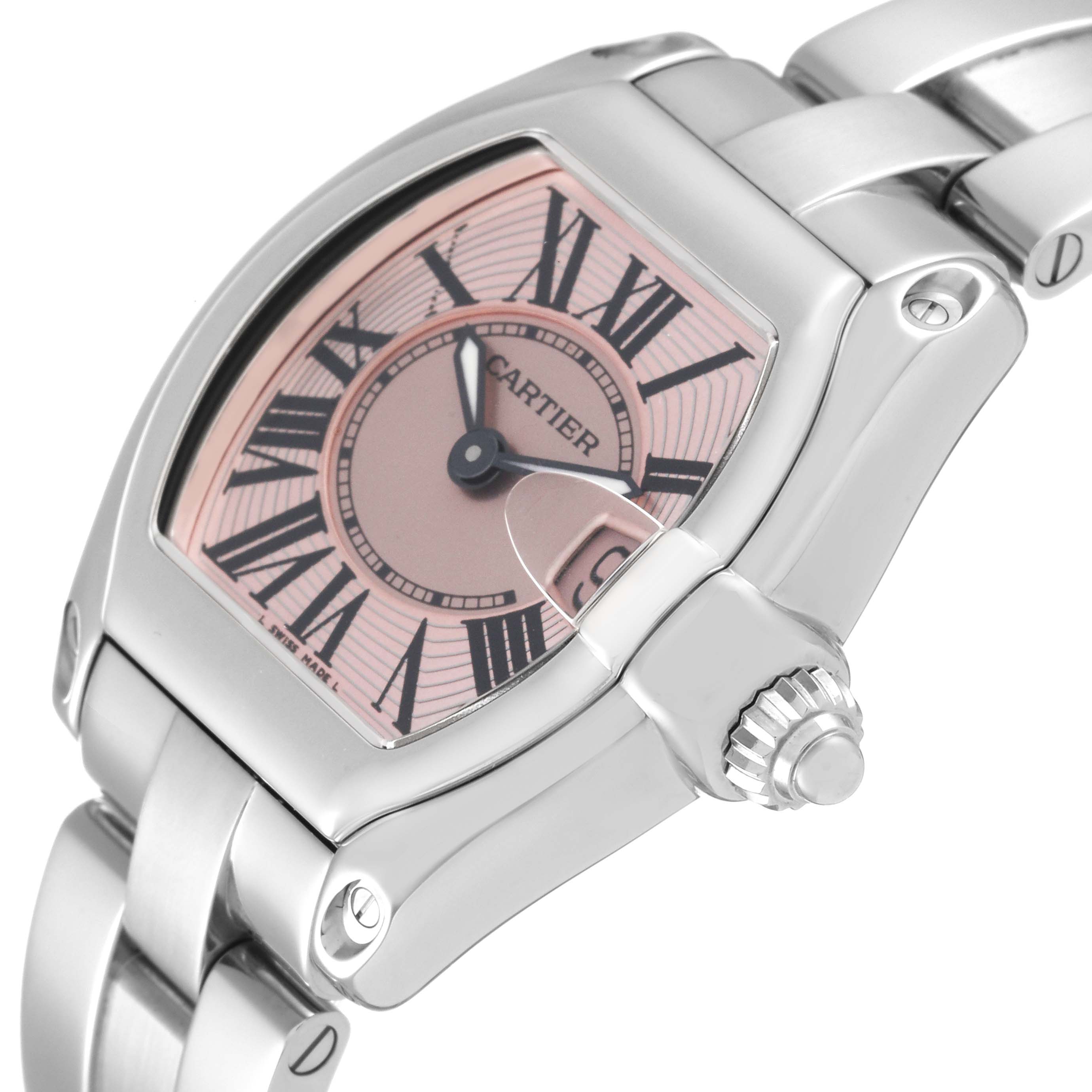The image shows a close-up angled view of the Cartier Roadster W62017V3 Women's Stainless Steel Pink Dial W62017V3 Women's Stainless Steel Pink Dial watch, highlighting its dial, crown, and part of the bracelet.