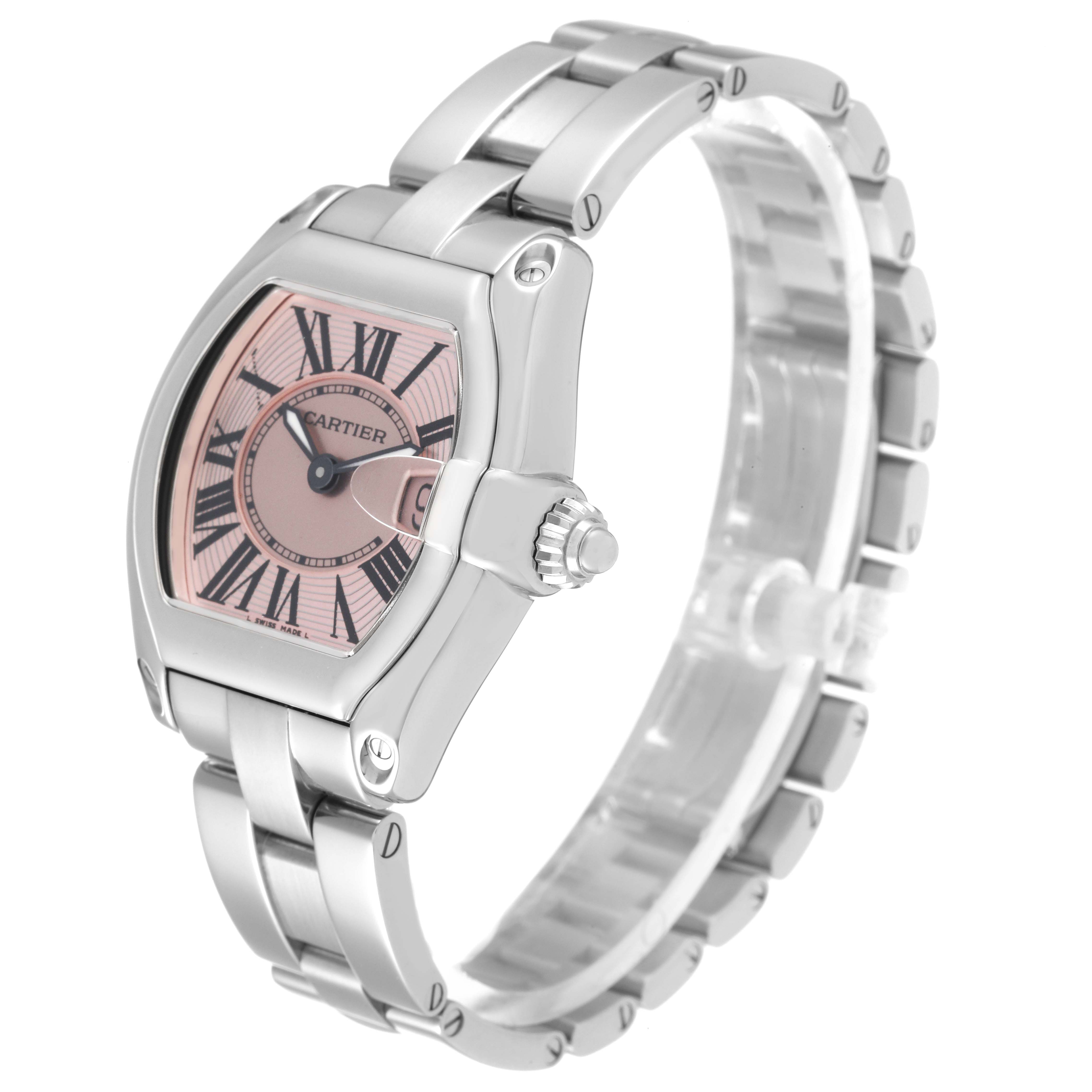 The Cartier Roadster W62017V3 Women's Stainless Steel Pink Dial W62017V3 Women's Stainless Steel Pink Dial watch is shown at a three-quarter angle, highlighting its dial, case, bracelet, and crown.