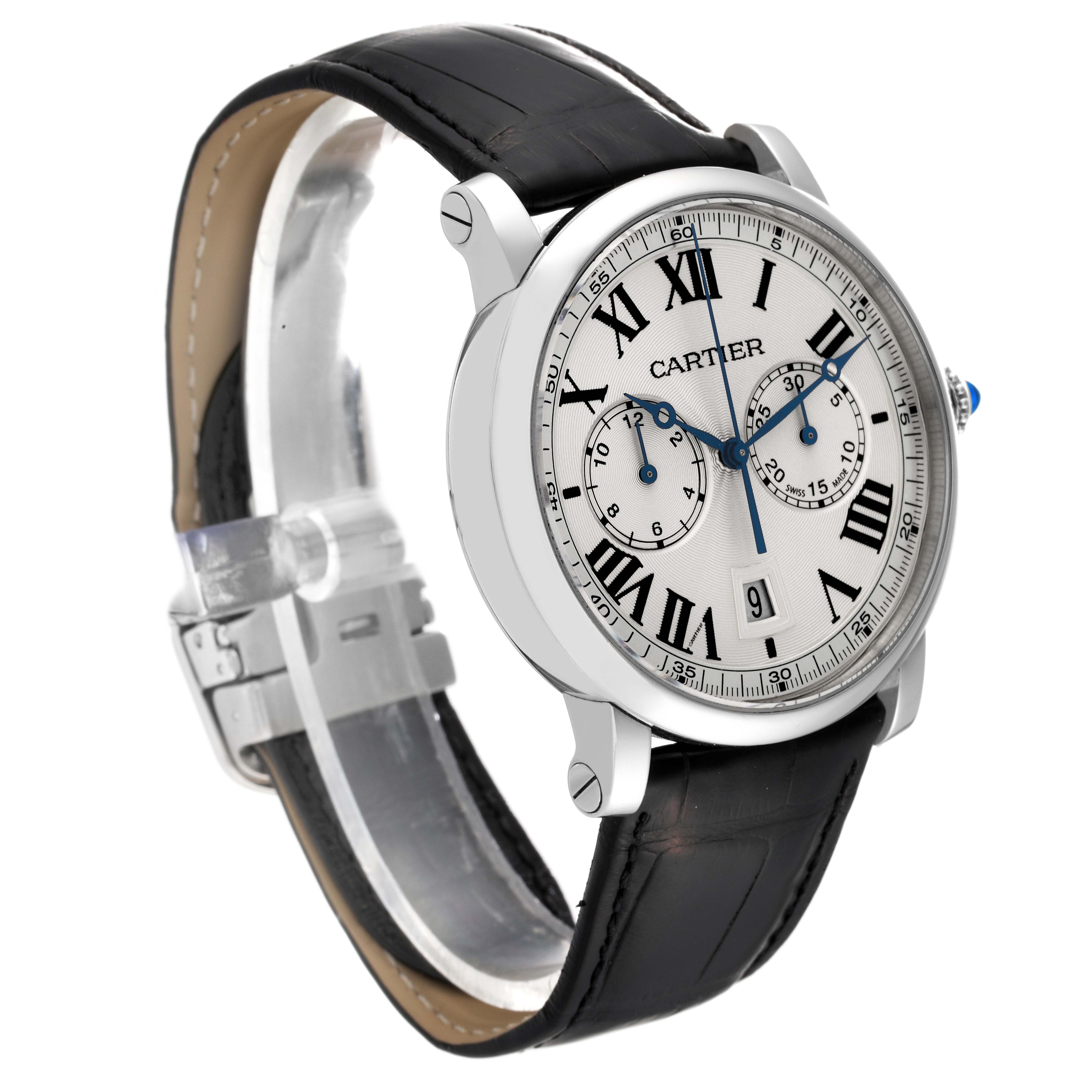 The Cartier Rotonde WSRO0002 Men
s Stainless Steel Silver Dial WSRO0002 Men
s Stainless Steel Silver Dial watch is shown at a three-quarter angle, highlighting the face, side, and black leather strap.
