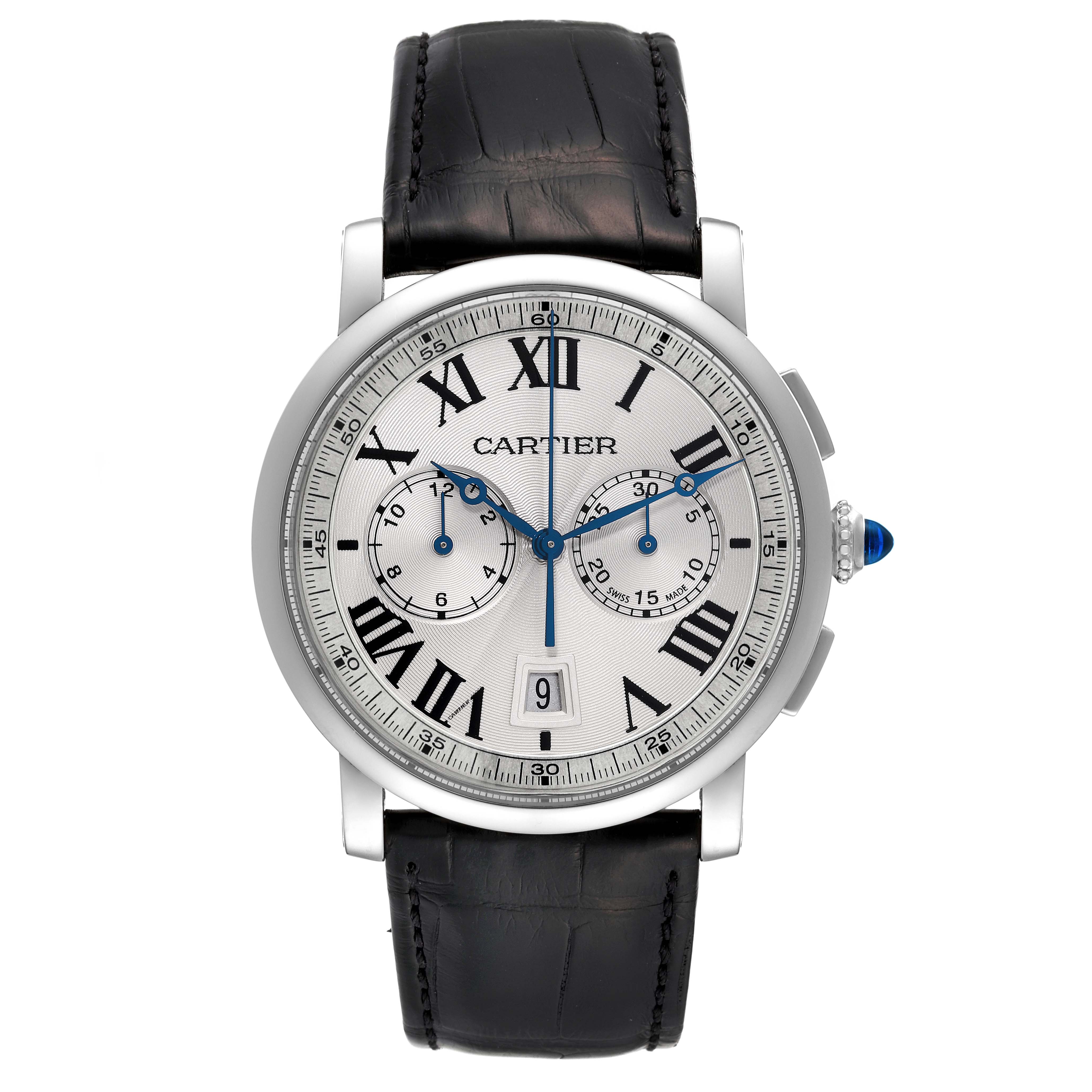 This image shows a front view of the Cartier Rotonde WSRO0002 Men
s Stainless Steel Silver Dial WSRO0002 Men
s Stainless Steel Silver Dial model watch, highlighting its Roman numerals, sub-dials, and date window.