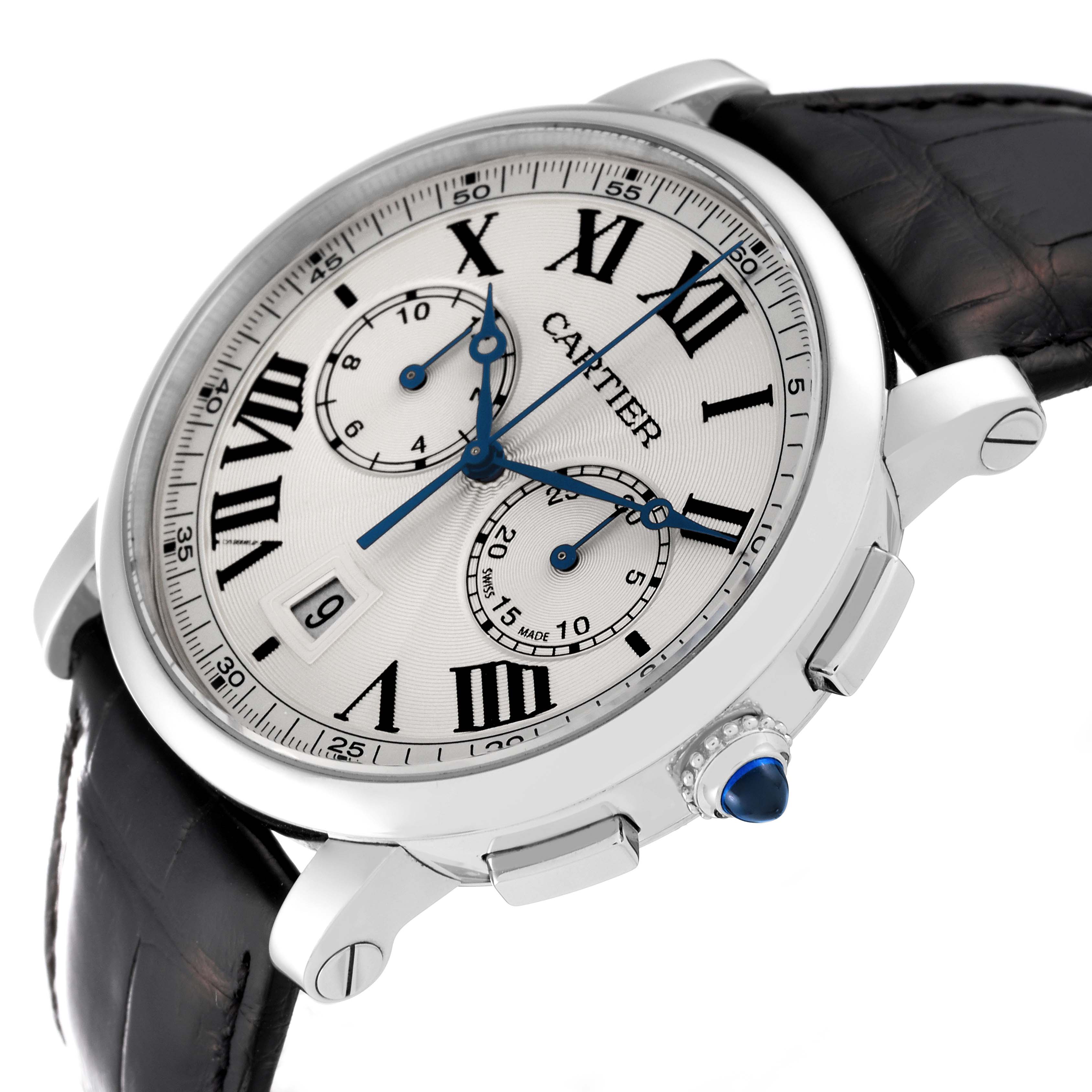 The image shows a side-view angle of a Cartier Rotonde WSRO0002 Men
s Stainless Steel Silver Dial WSRO0002 Men
s Stainless Steel Silver Dial watch, highlighting the dial, crown, and strap.