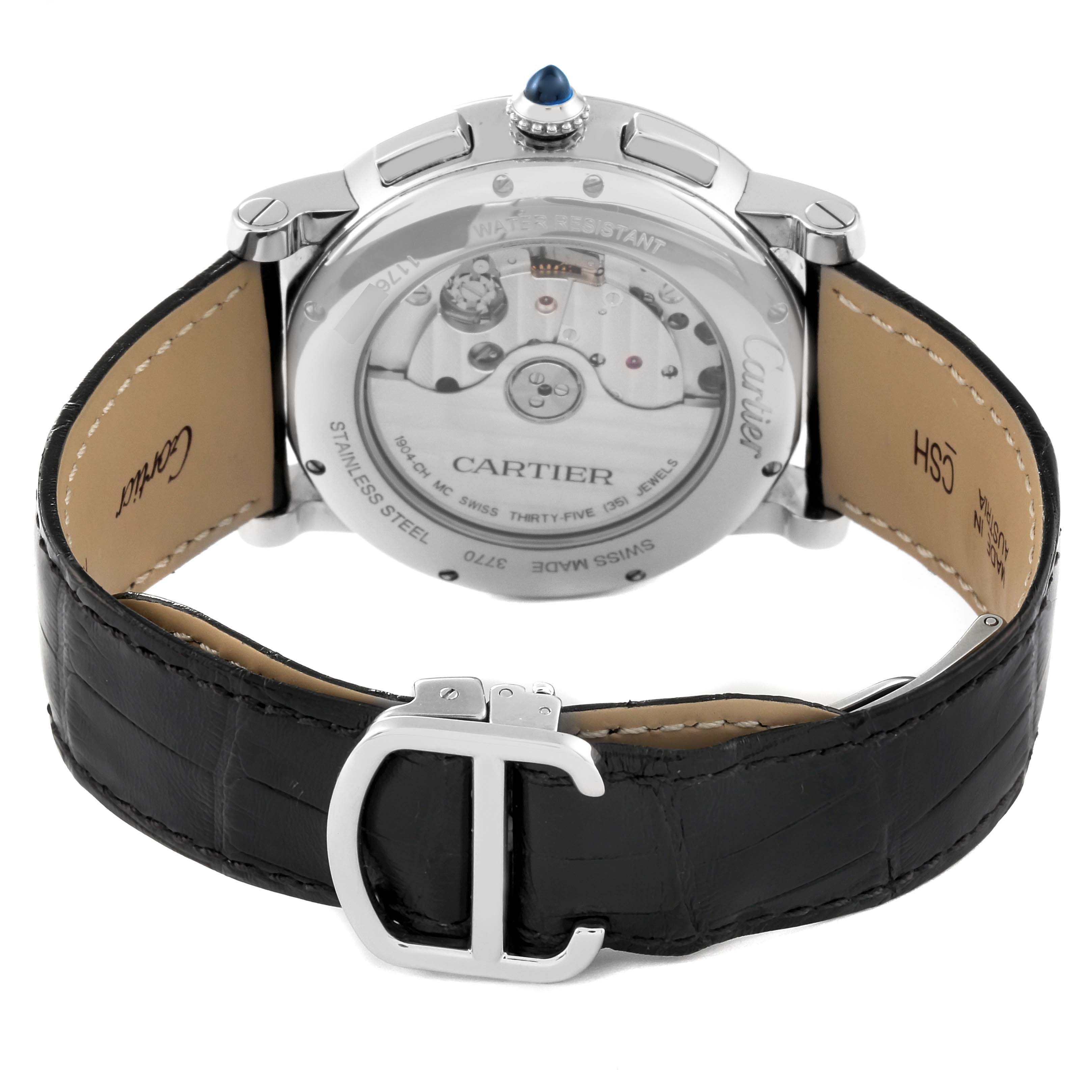 The image shows the back of the Cartier Rotonde WSRO0002 Men
s Stainless Steel Silver Dial WSRO0002 Men
s Stainless Steel Silver Dial watch, highlighting the mechanics and black leather strap with "C" buckle.