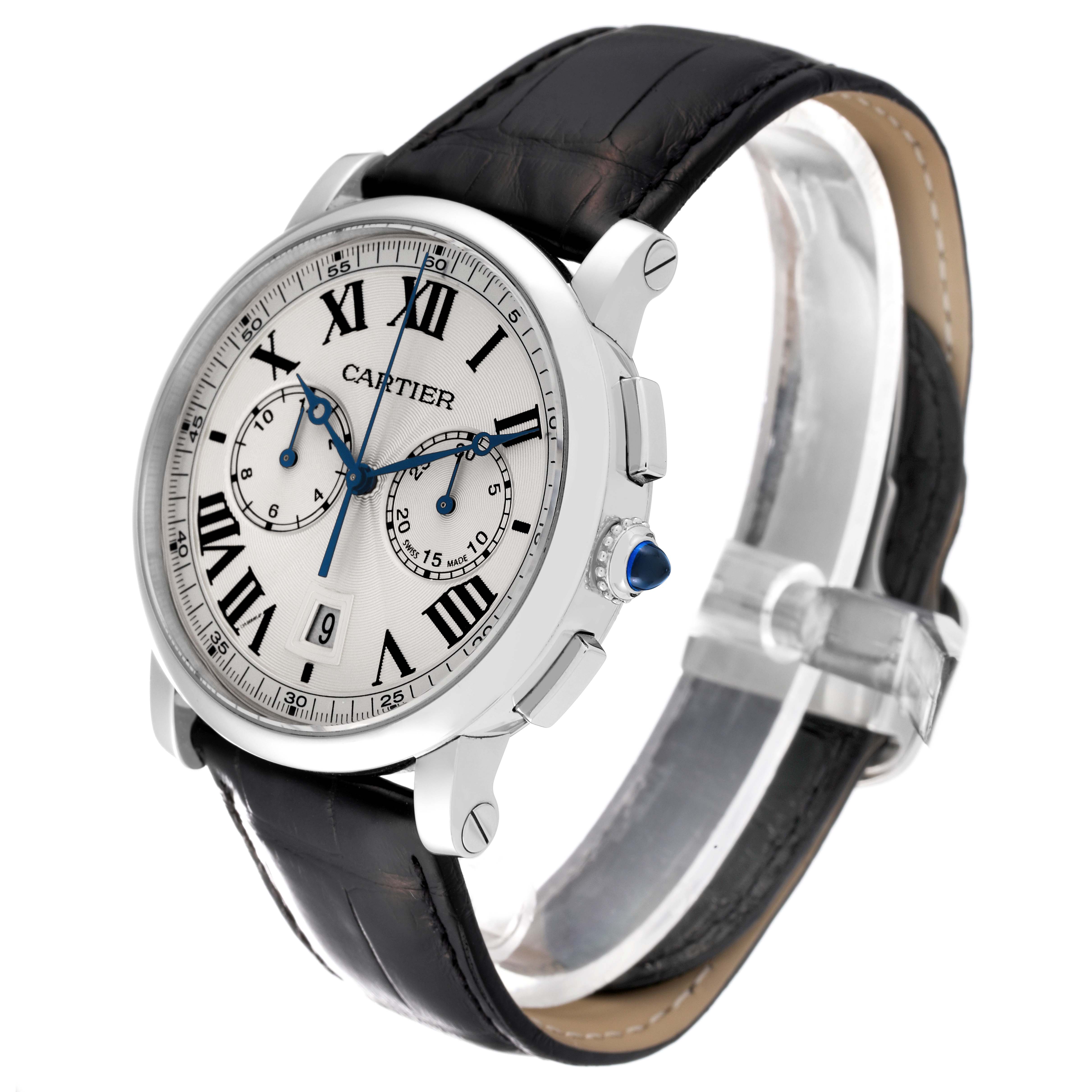 The image shows a Rotonde model by Cartier, angled from the front-left, highlighting the dial, crown, and leather strap.